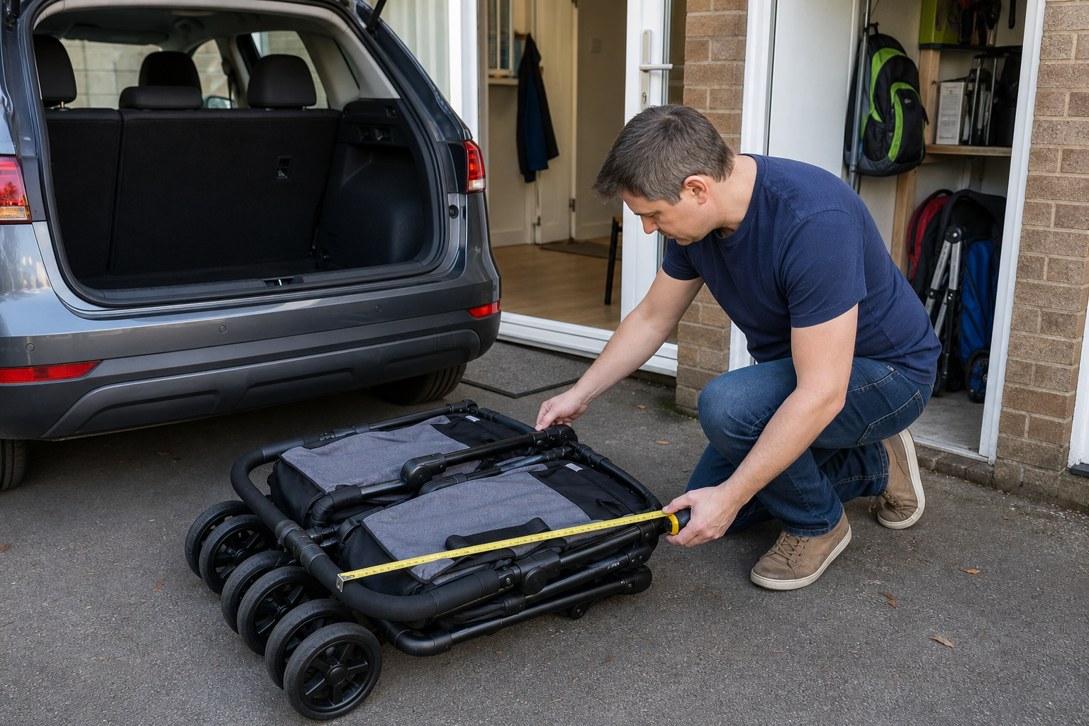 A caregiver measures a folded double pushchair beside the open boot of a compact car.