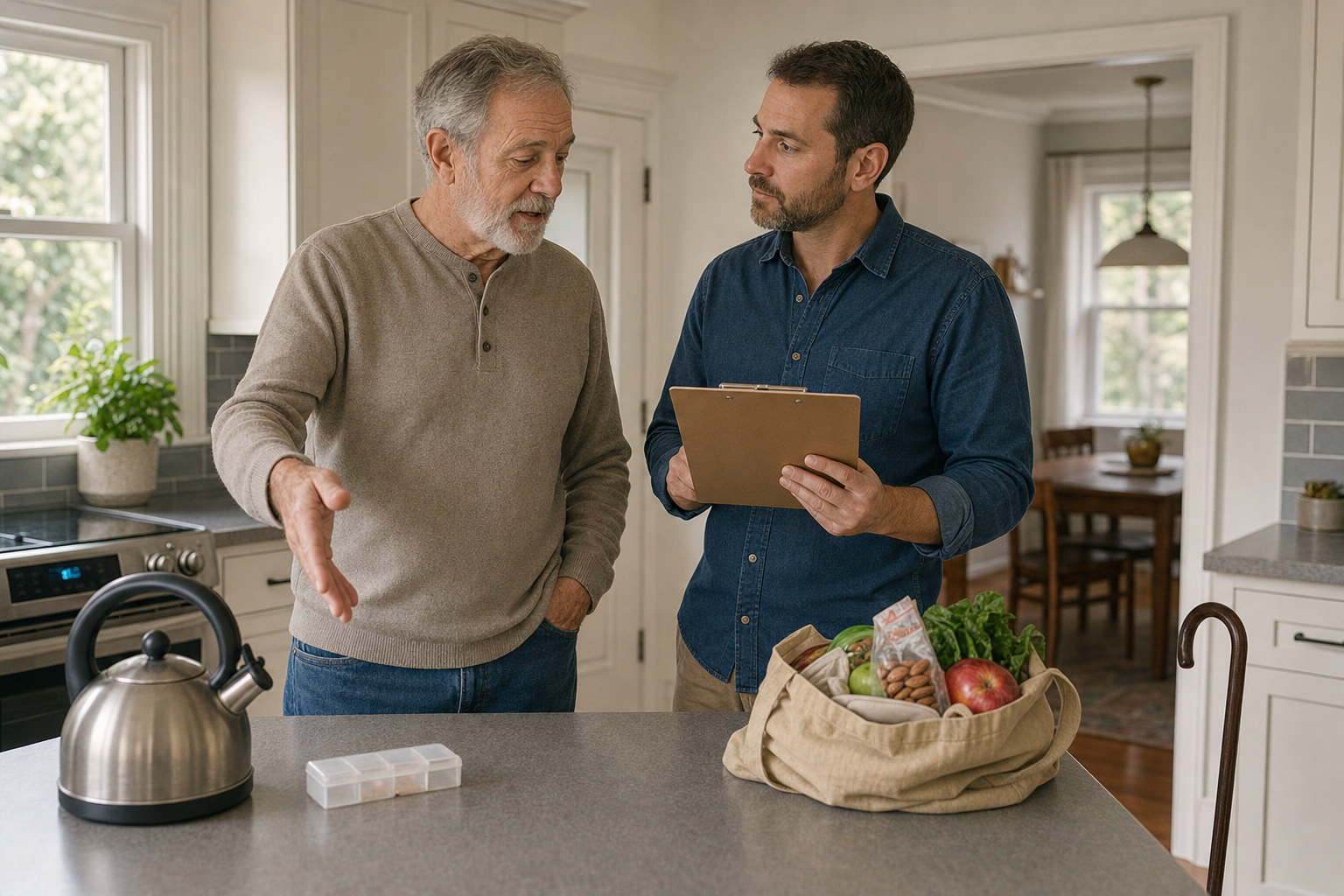 An older man shows his adult son parts of his kitchen routine as the son listens with a clipboard.
