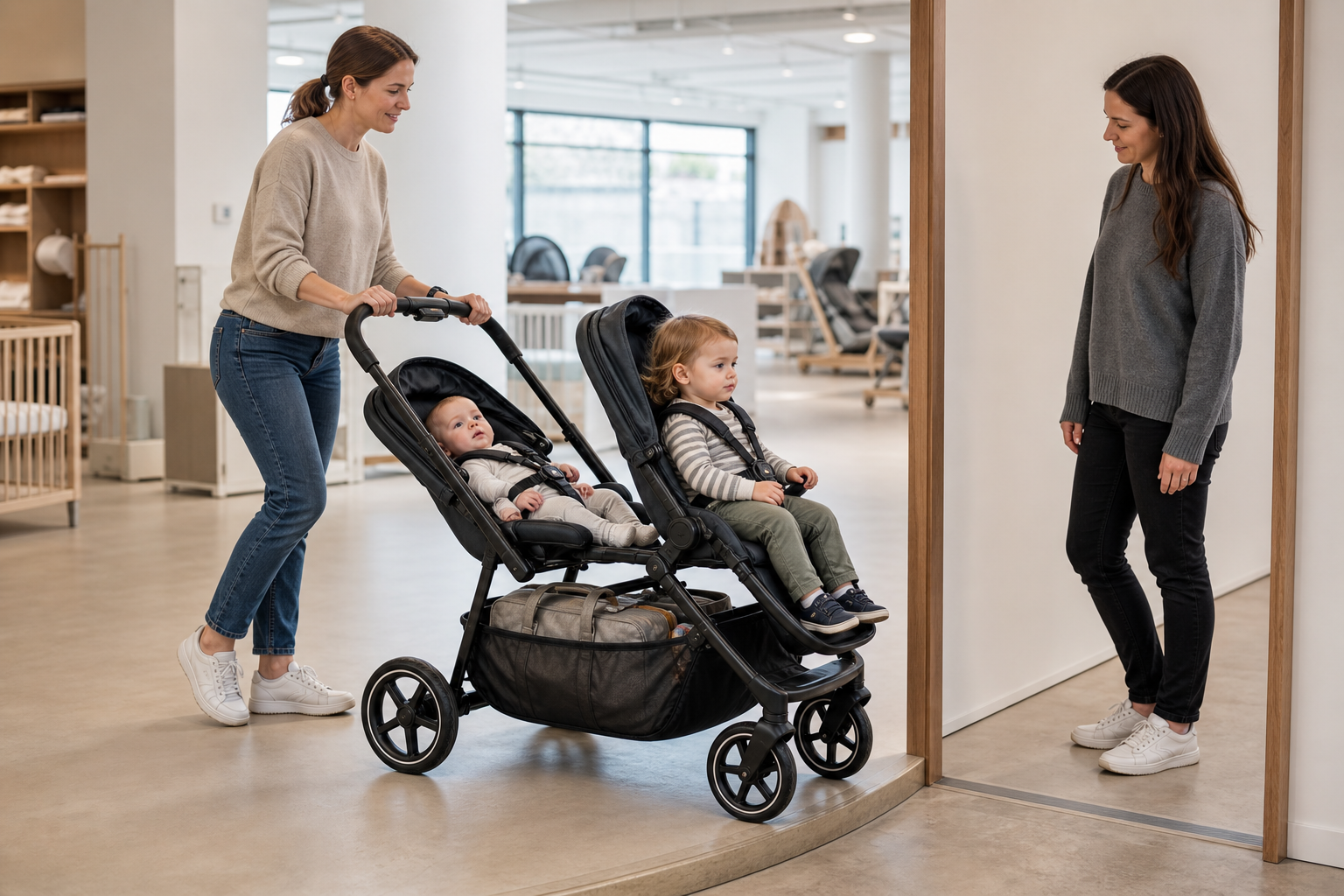 A caregiver tests a loaded tandem pushchair with a baby and toddler over a low threshold in a showroom.