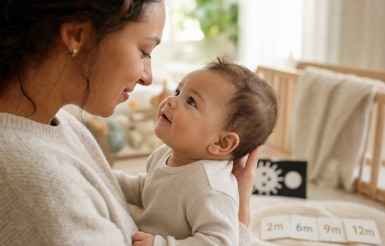 Parent holding a smiling baby face-to-face in a cozy nursery, illustrating early face recognition and bonding.