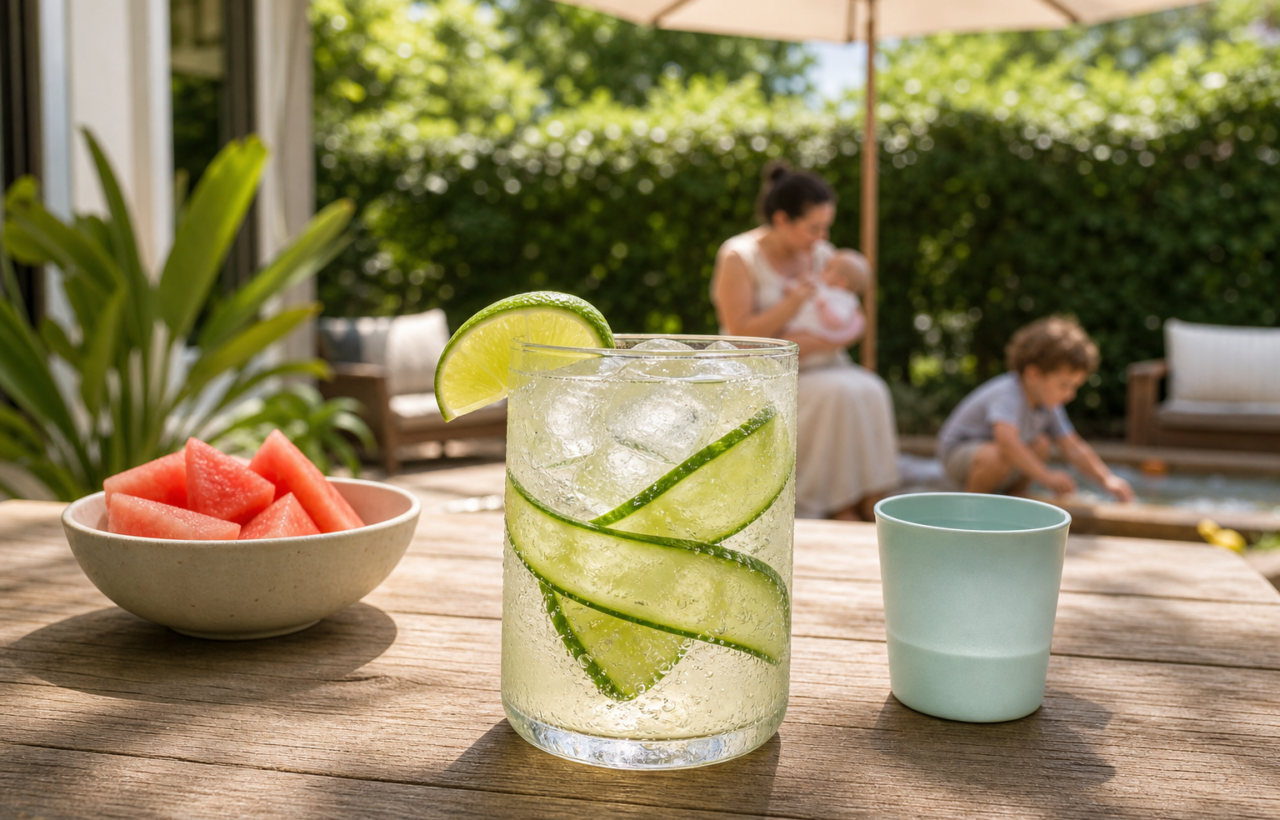 A chilled citrus and cucumber sparkling drink on a shaded patio table while a parent and two small children spend time in the sunny backyard.