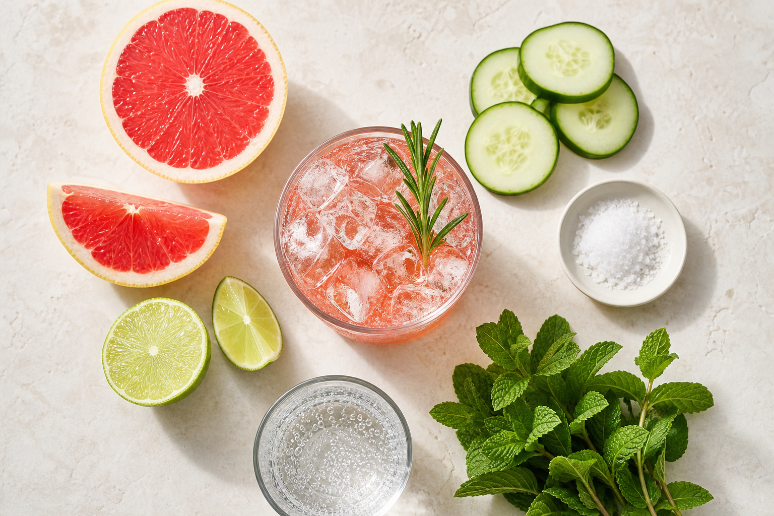An iced grapefruit sparkling drink surrounded by lime, cucumber, mint, rosemary, and a small dish of salt.