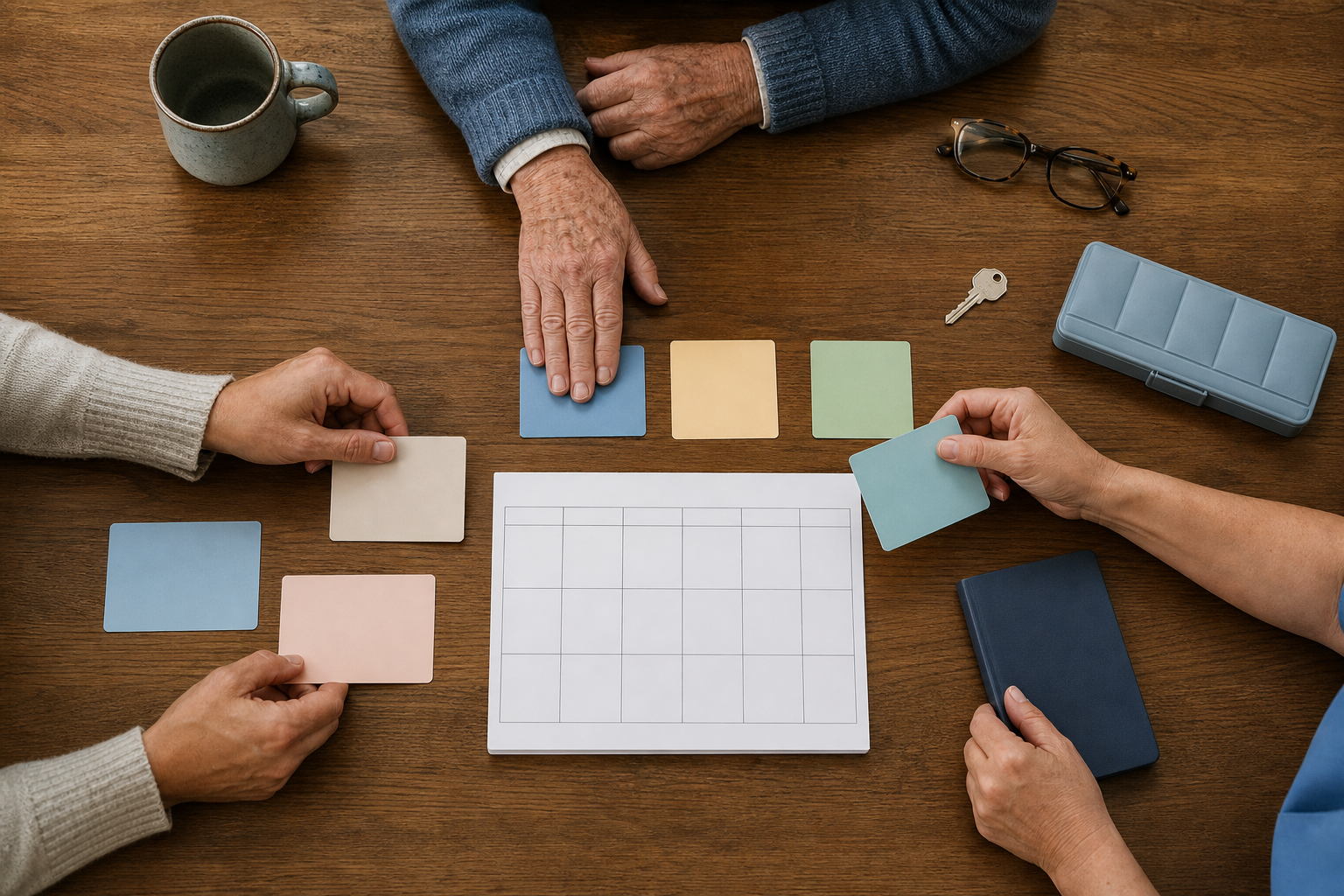 Three people arrange blank planning cards around a table with a house key, glasses, mug, and medication organizer.