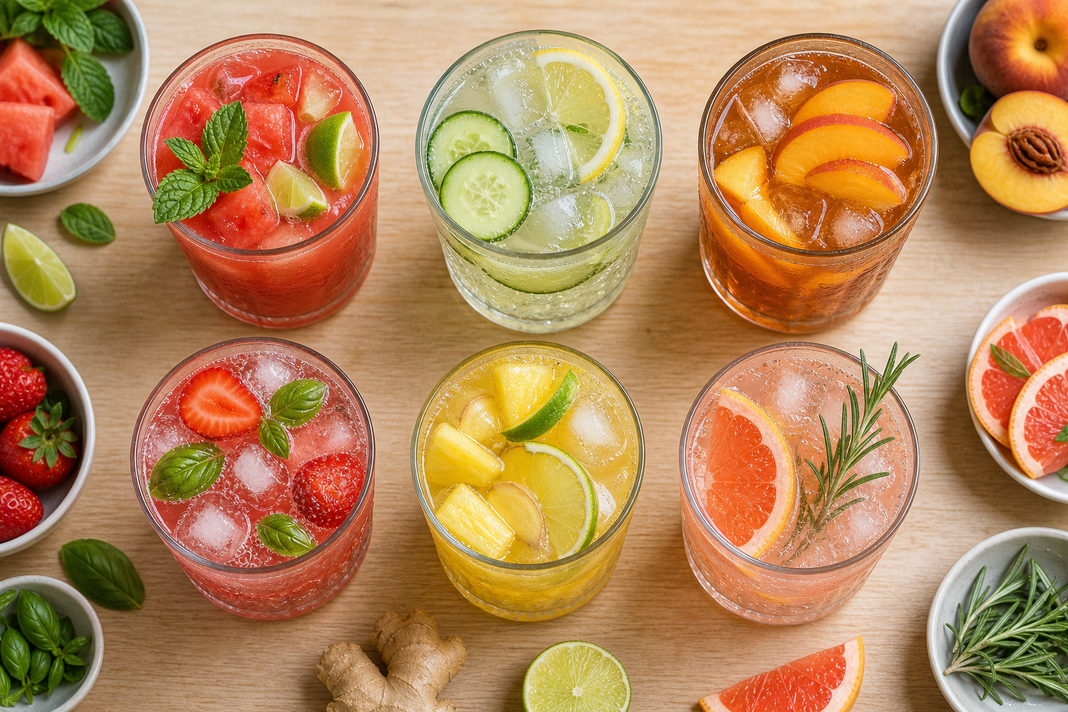 Six colorful alcohol-free summer drinks made with combinations of fresh fruit, herbs, tea, and sparkling water.