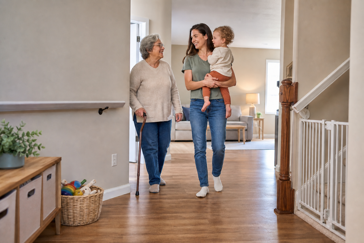 An older woman with a cane walks through a well-lit, uncluttered home fitted with a stair gate and other child-safety features.