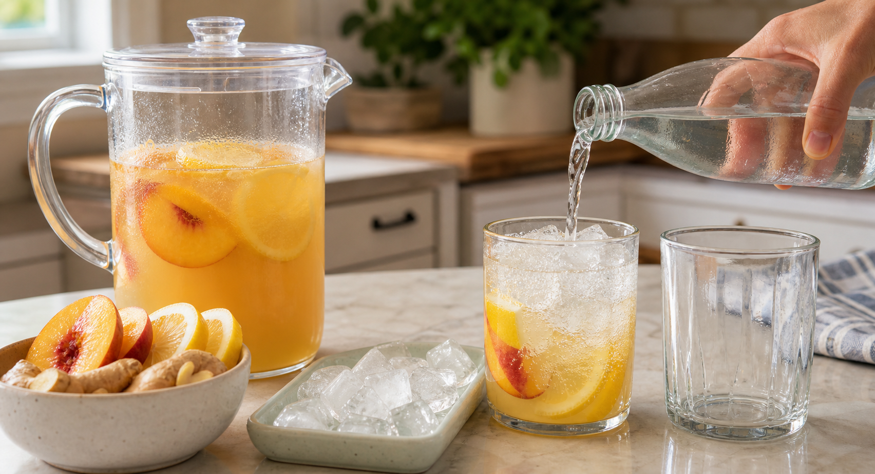 Sparkling water being added to a glass of peach, lemon, and ginger drink beside a prepared pitcher and a tray of ice.