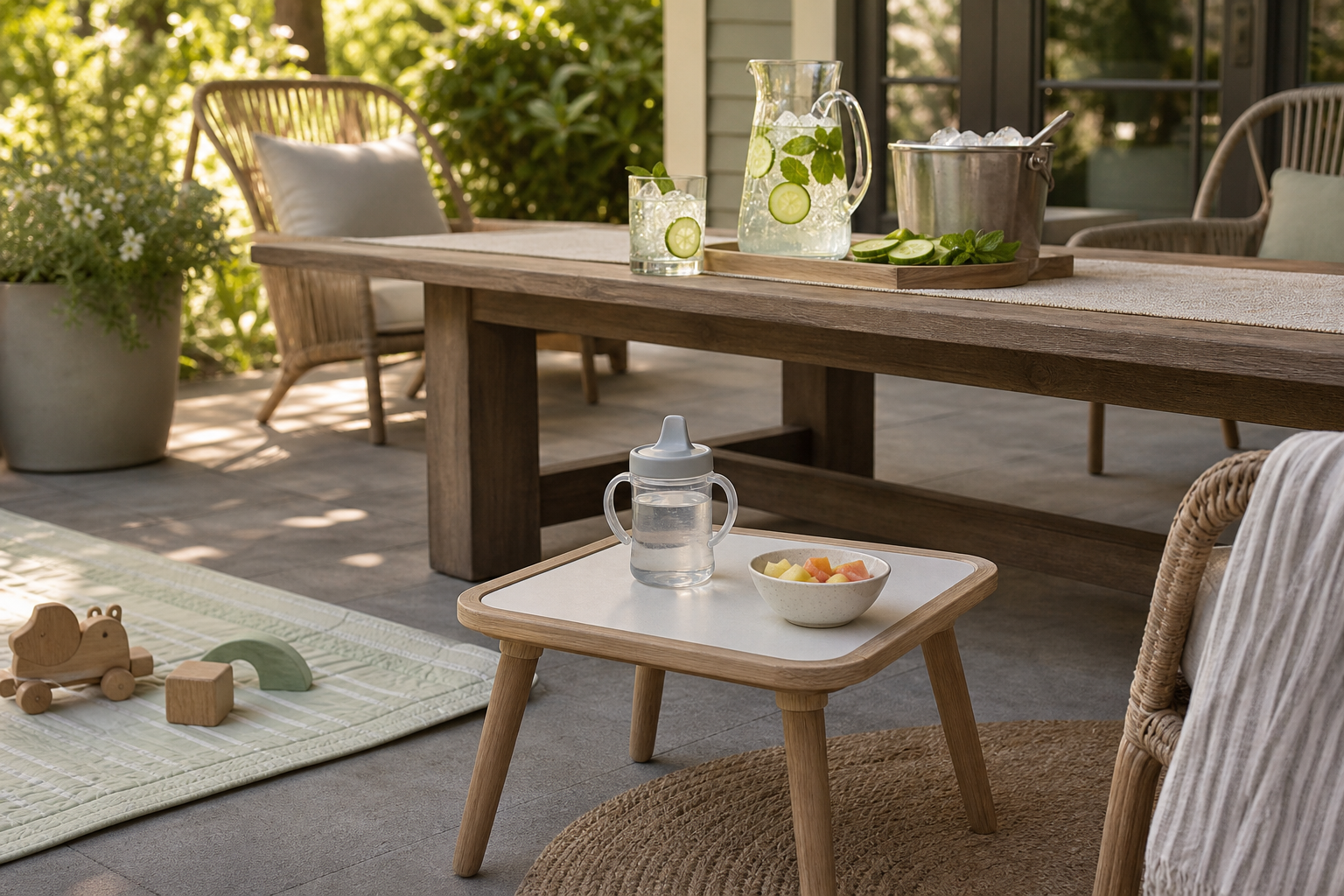 A sparkling citrus drink station on a high patio table is kept separate from a child's water cup, fruit bowl, and play area.