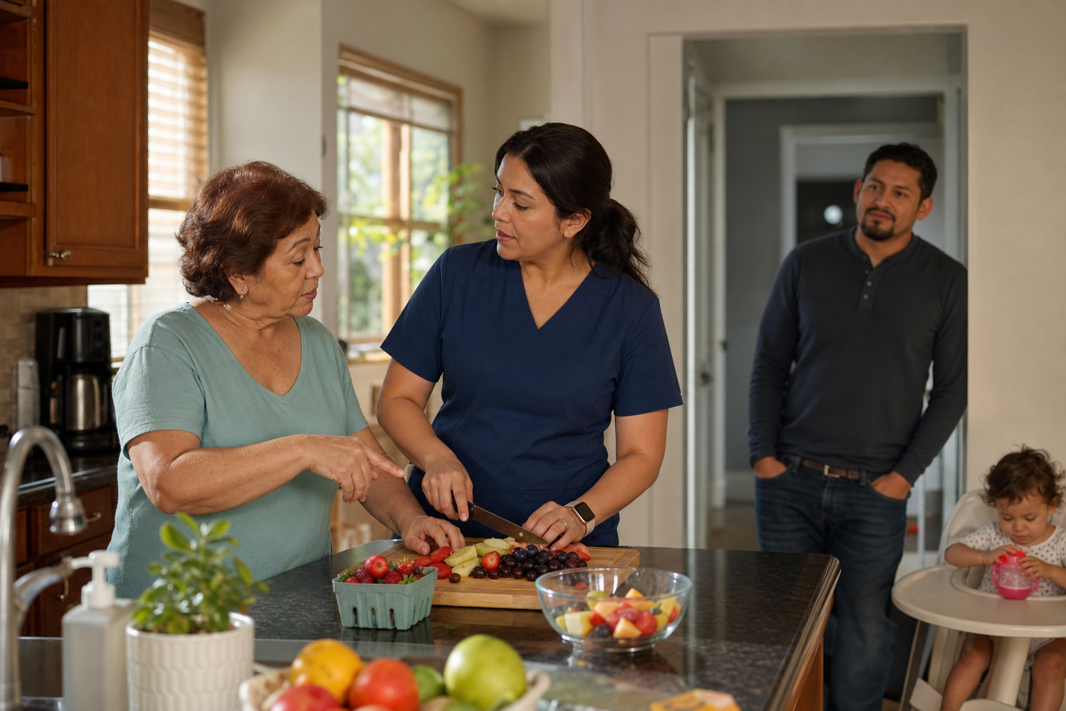 An older woman and an in-home caregiver prepare fruit together while her adult son observes and a toddler sits in a high chair.