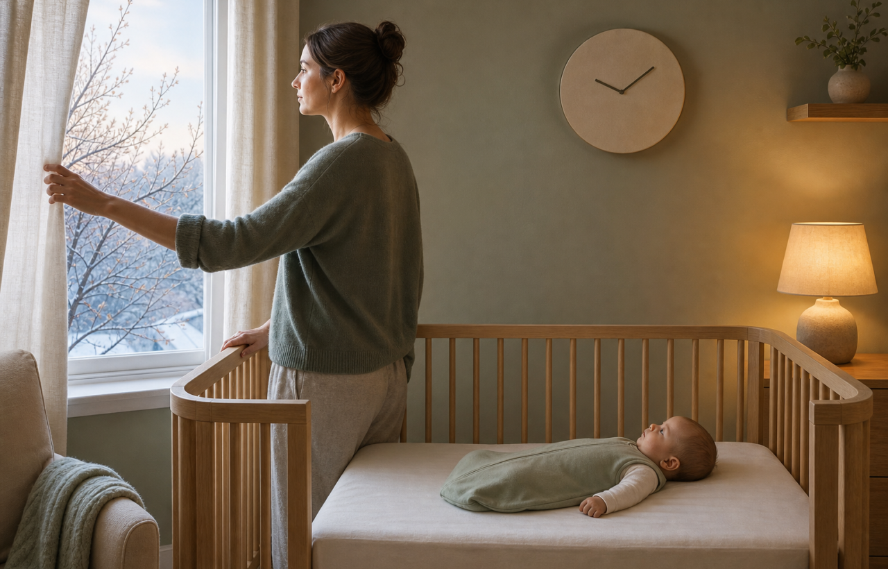 A parent opens the curtains beside a baby lying on their back in a bare crib as morning light enters the nursery and a bedside lamp remains on.