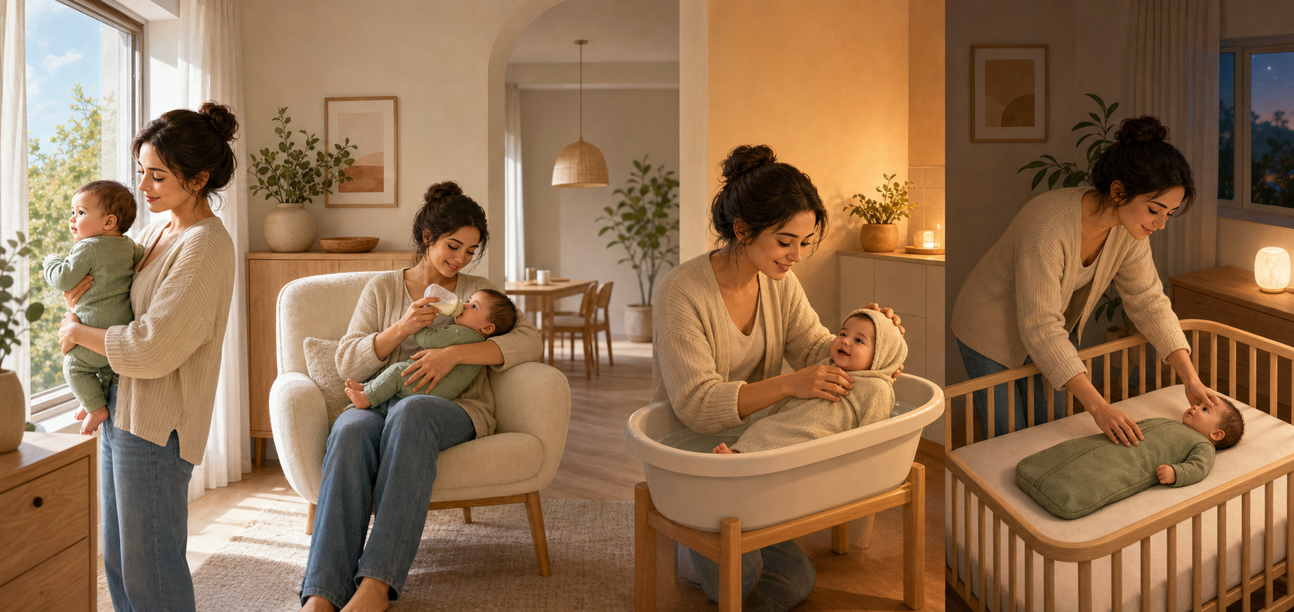 Four connected scenes show a parent and baby at morning light, feeding time, bath time, and bedtime in a dim nursery.