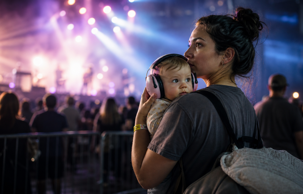 Parent holds a baby wearing protective earmuffs at a concert venue.