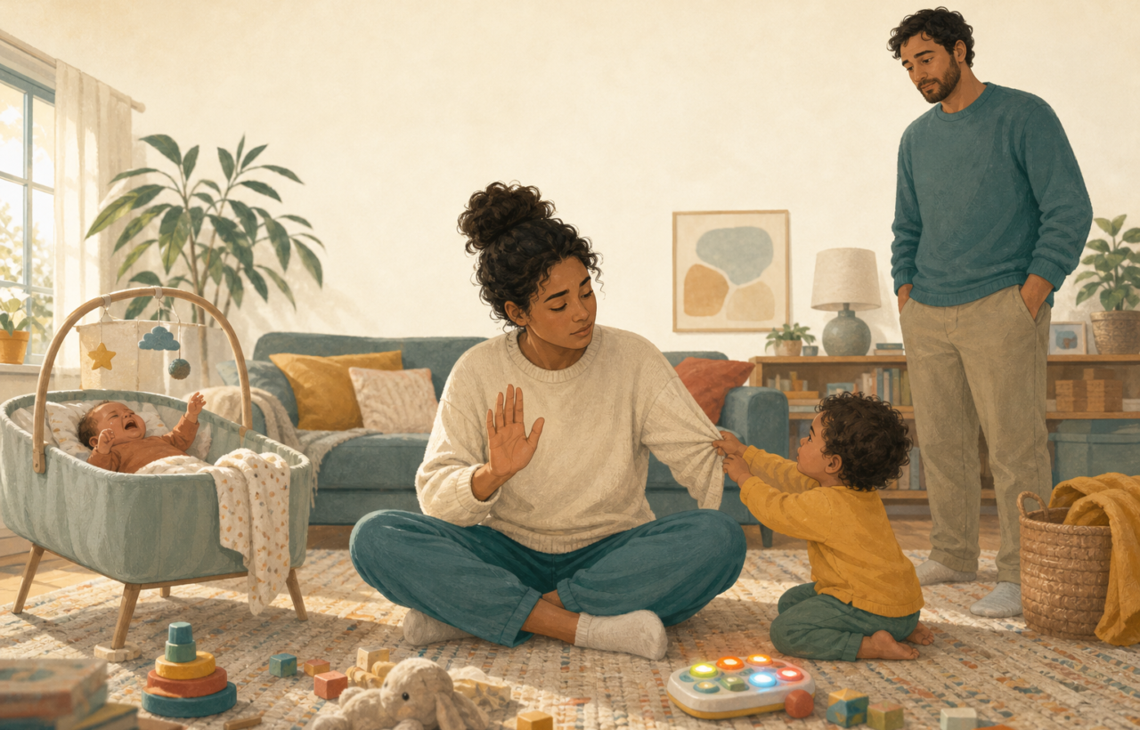 A parent raises one hand for a pause while a baby cries in a bassinet, a toddler tugs at their sleeve, toys fill the living room, and a partner waits nearby.