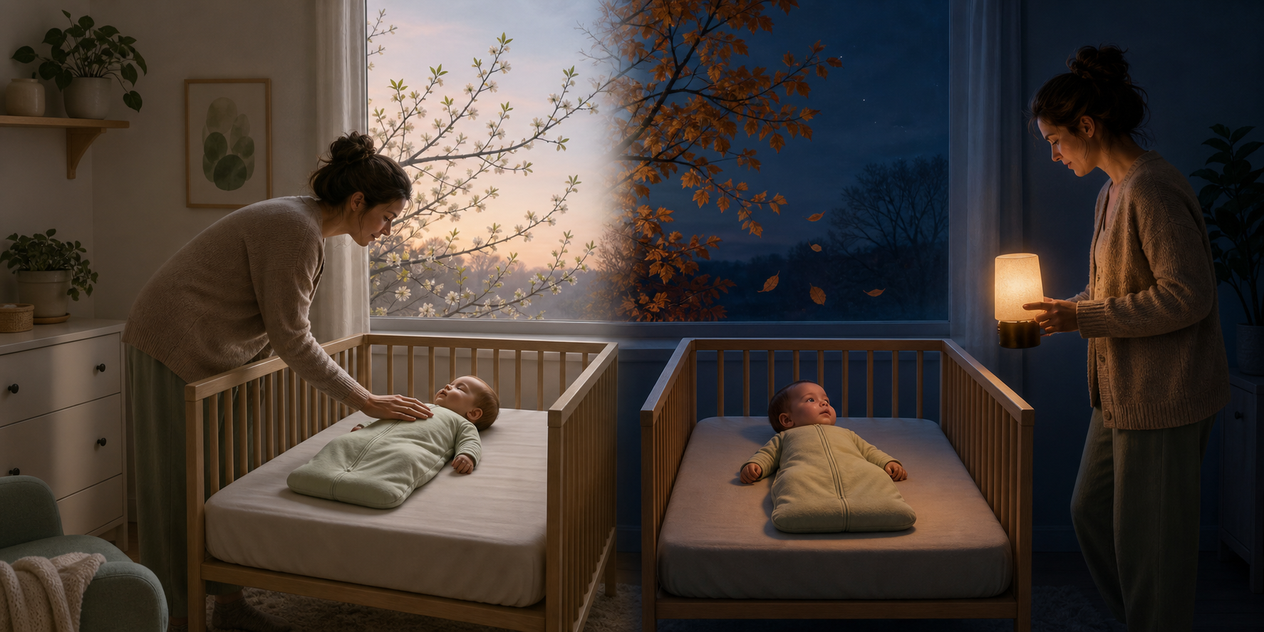 A split nursery scene contrasts a sleepy spring morning with an alert baby waking before dawn in autumn.