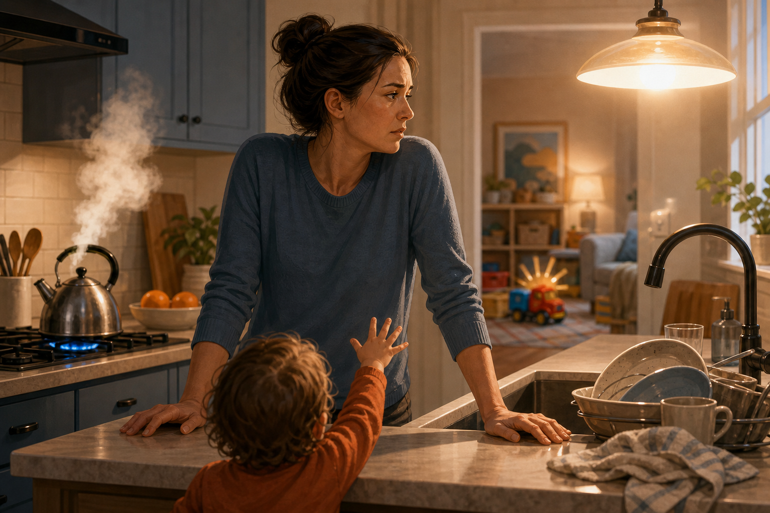 A tense parent stands at a kitchen counter as a kettle, bright light, dishes, a reaching child, and a nearby toy add to the activity around them.