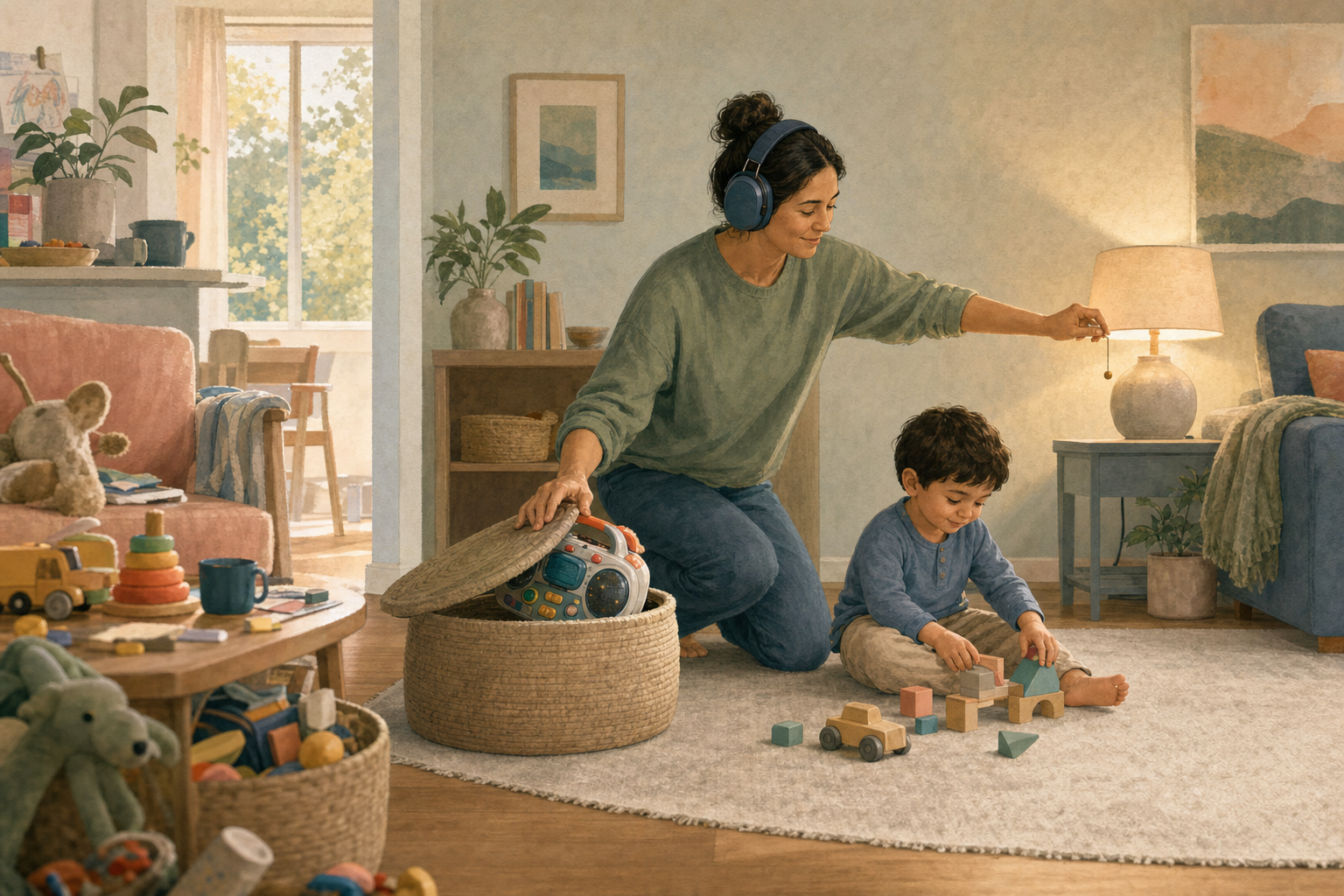 A parent wearing hearing protection dims a lamp and puts a noisy toy into a basket while a young child plays nearby on the rug.