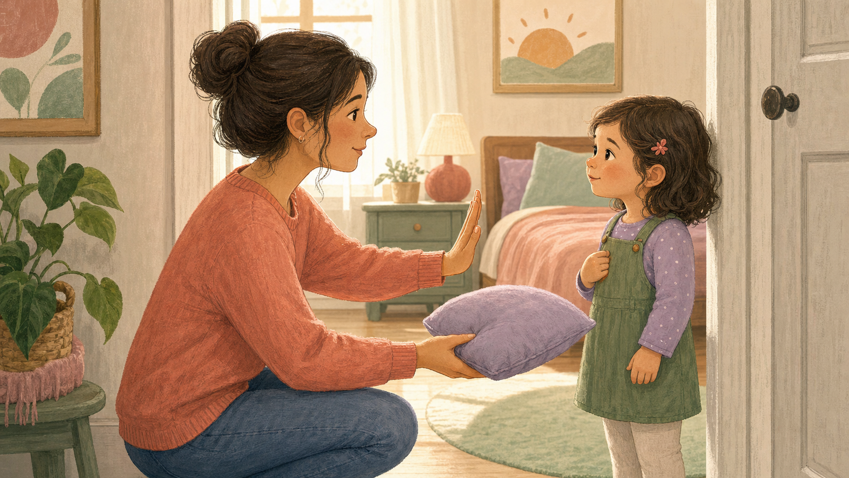 A kneeling parent holds up an open palm to pause physical contact while offering a cushion to a calm young child.