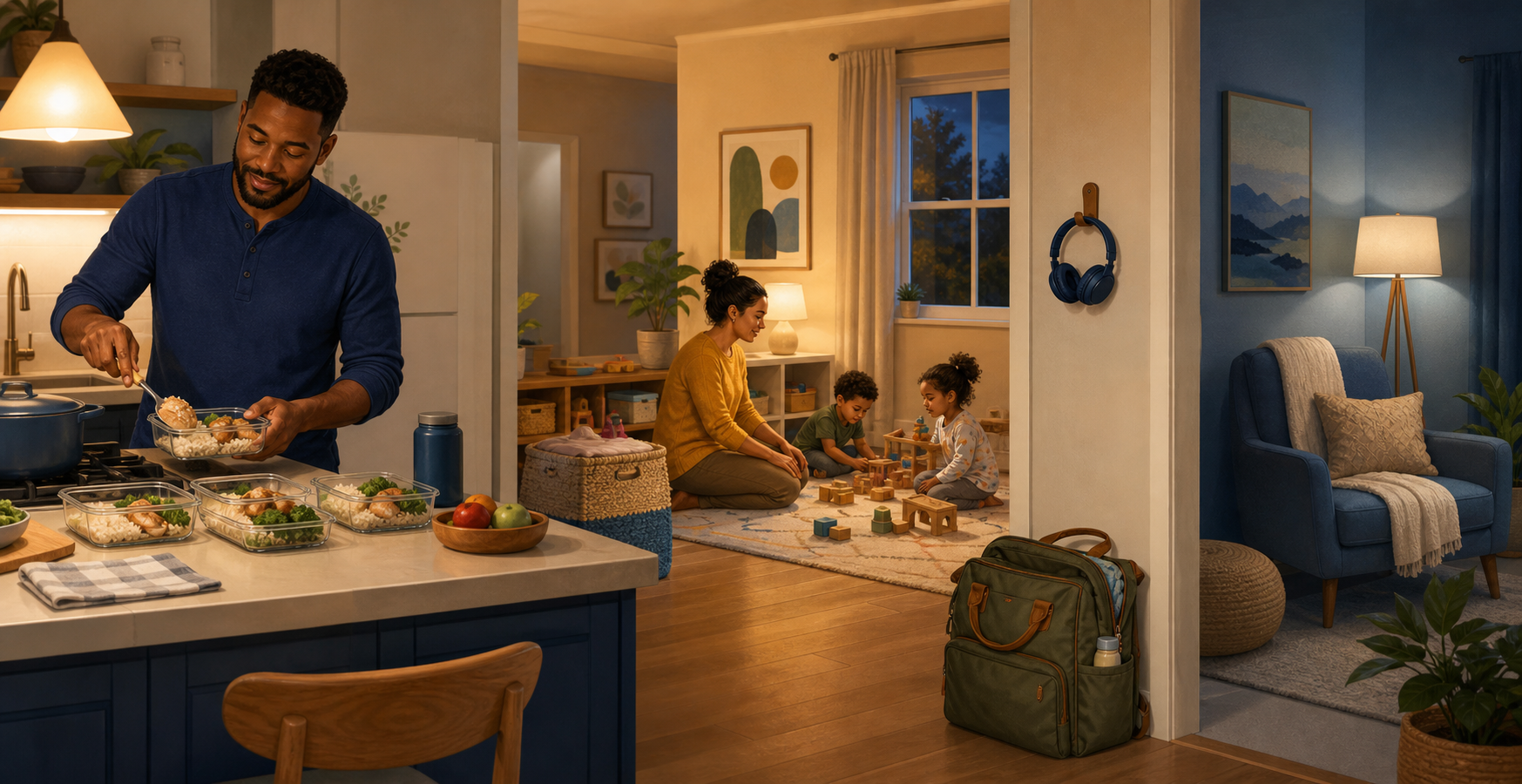 Two caregivers share evening tasks in a kitchen and play area equipped with headphones, a packed bag, toy storage, and a quiet chair.