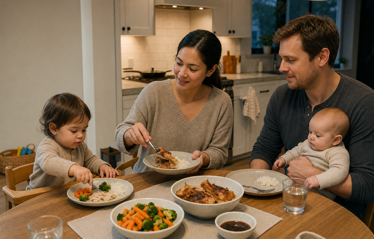 Two adults share a simple chicken, rice, and vegetable dinner with a toddler and a baby at a kitchen table.