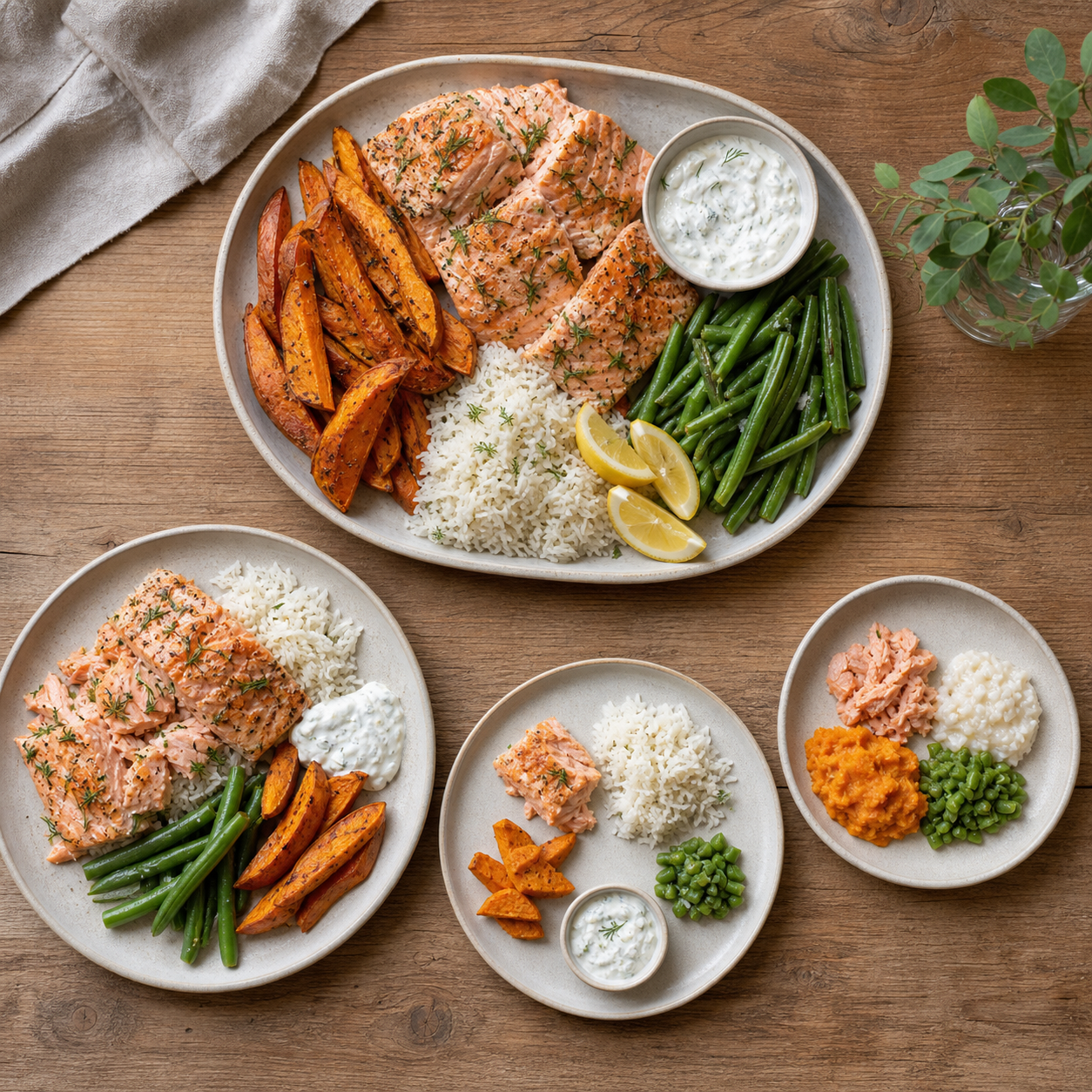 One salmon, rice, sweet potato, and green bean dinner is served as an adult plate, a separated child's plate, and a soft baby-safe plate.