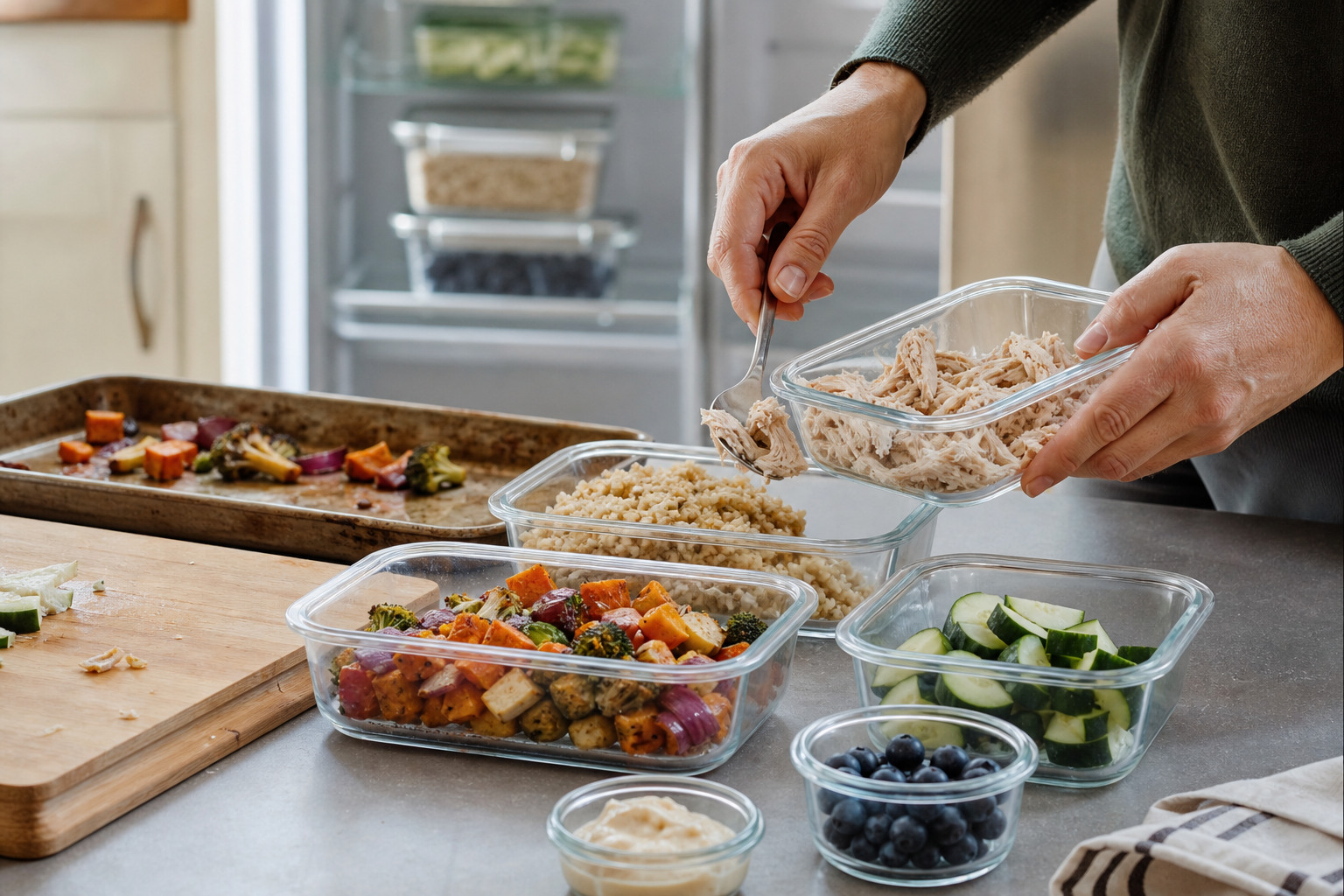 An adult portions cooked grains, chicken, vegetables, fruit, and sauce into reusable containers for future family meals.