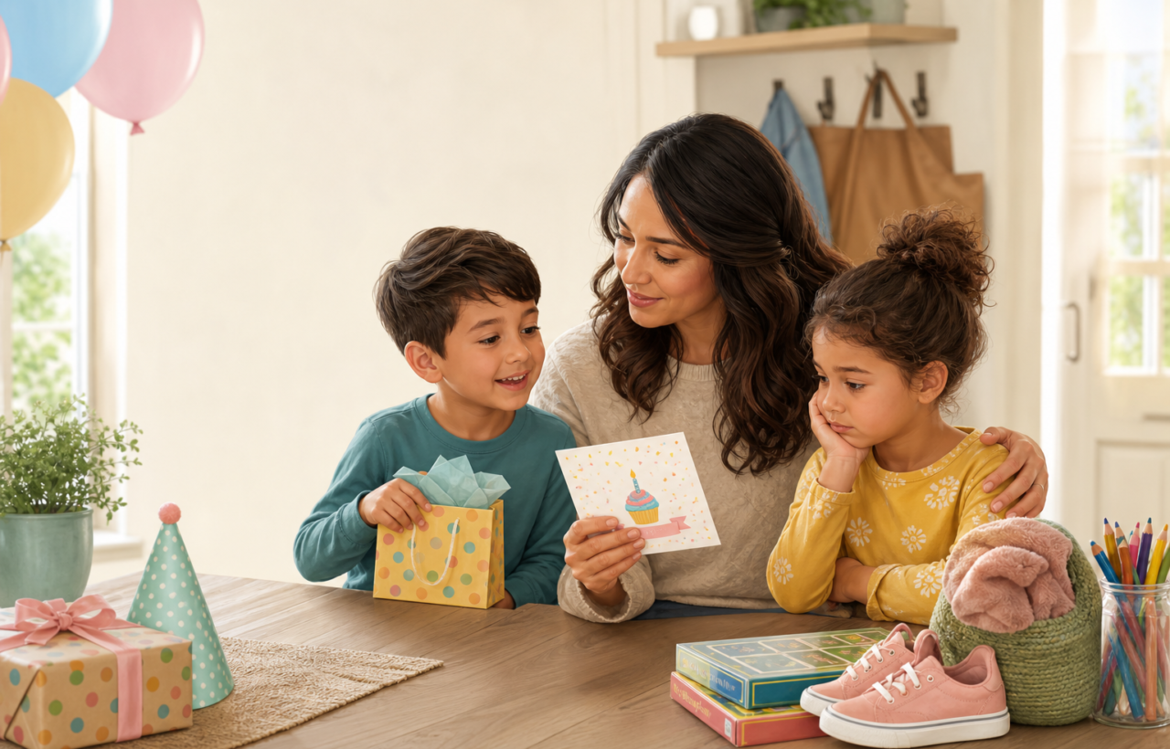 Parent comforts one sibling while another holds a birthday gift bag and party invitation at a kitchen table.