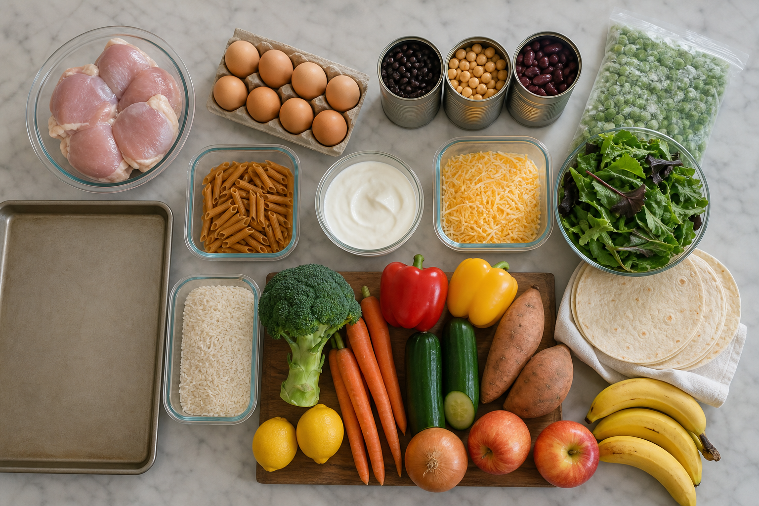 A family grocery selection of proteins, grains, tortillas, dairy, fruits, and vegetables is organized on a kitchen island.