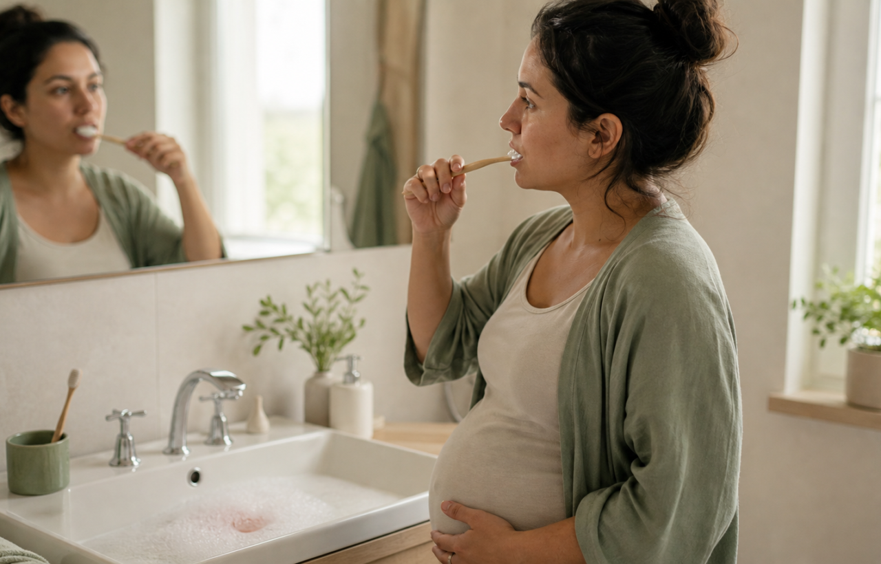 Pregnant person gently brushing their teeth at a bathroom sink while looking in the mirror.