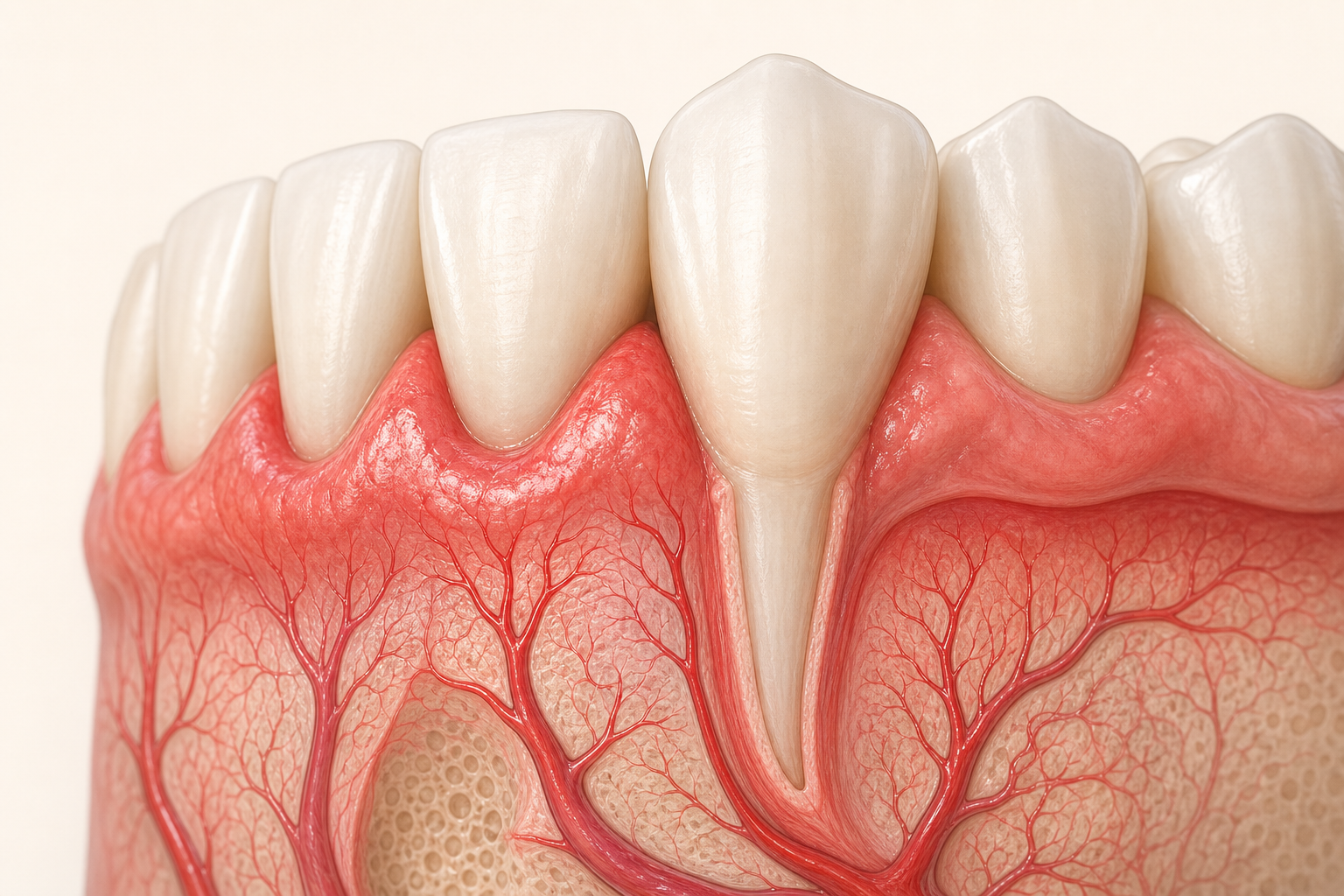 Medical illustration of mildly swollen gum tissue and visible blood vessels around several teeth.