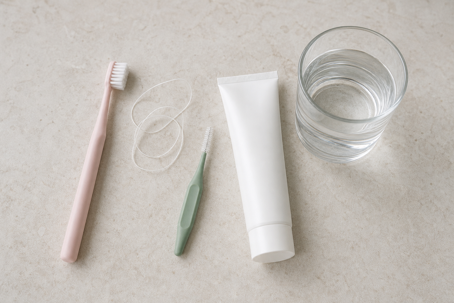 Soft toothbrush, dental floss, interdental brush, toothpaste, and a glass of water arranged on a bathroom counter.