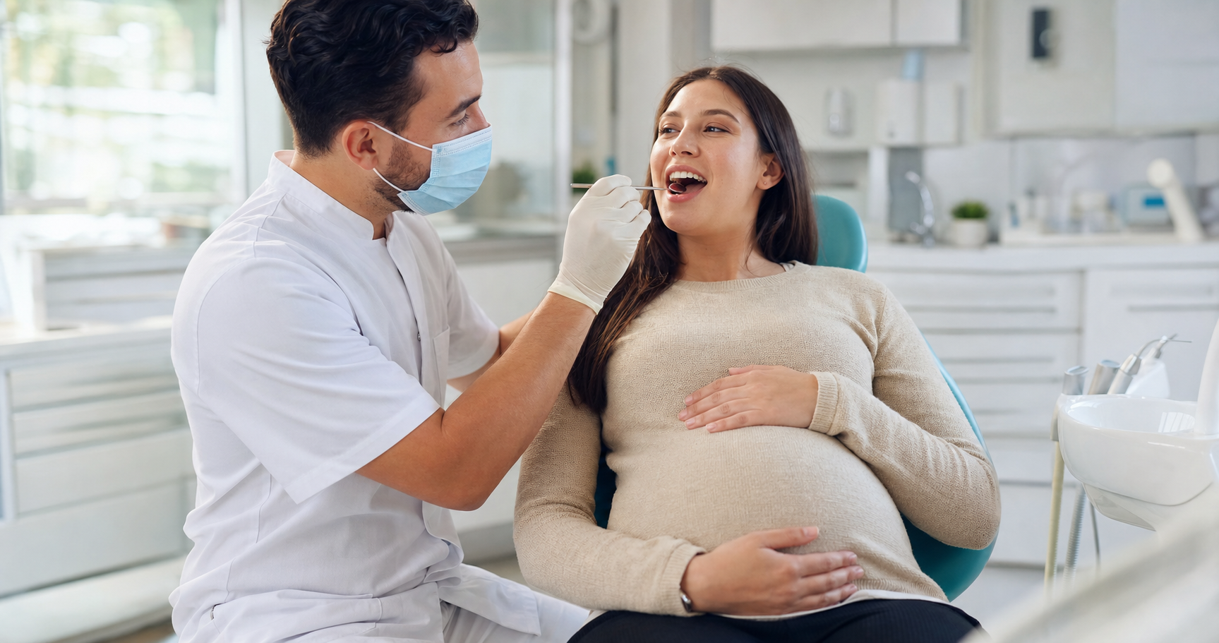 Pregnant dental patient having their gums gently examined by a dentist in a clinic.