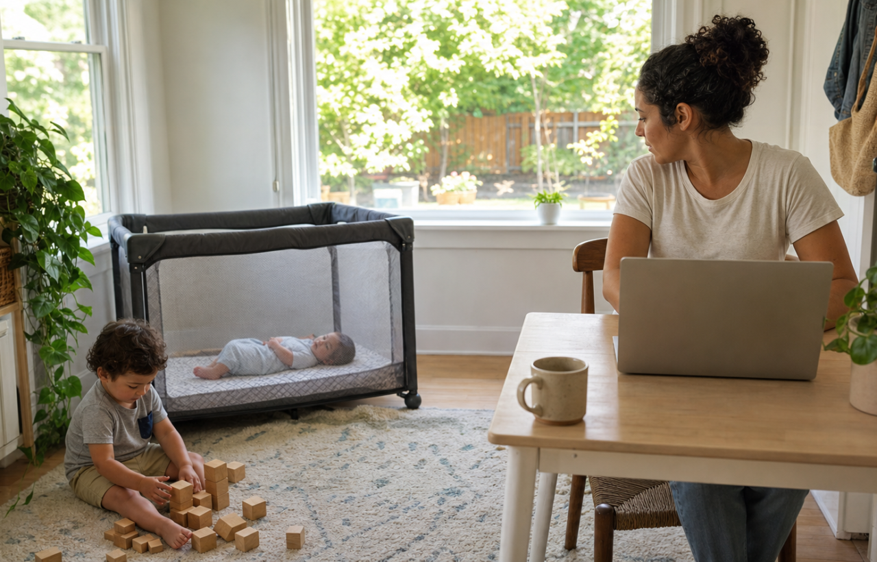 A mother works at a laptop near a toddler playing with wooden blocks and a baby resting in a play yard on a bright summer day.