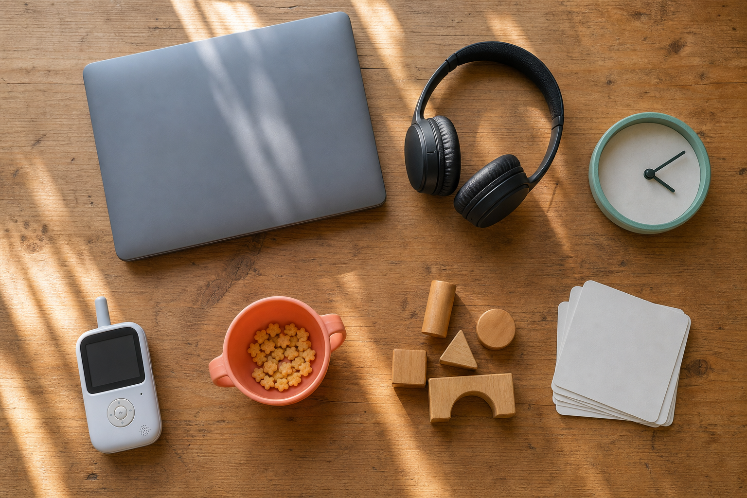 A laptop, headset, clock, baby monitor, toys and blank task cards are arranged in separate groups on a sunlit kitchen table.