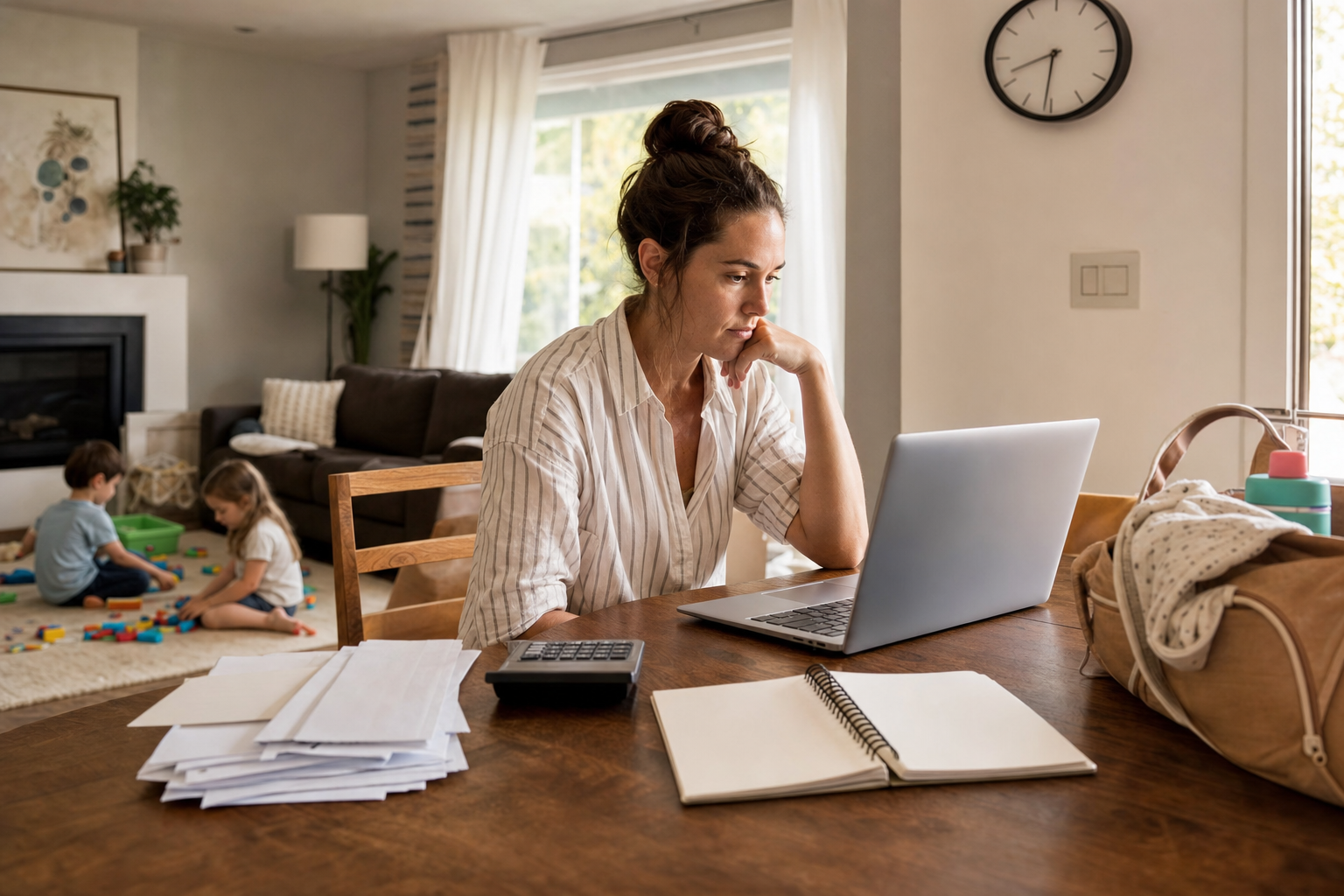 A mother reviews information on a laptop beside a calculator, blank notebook, childcare bag and household bills at a dining table.