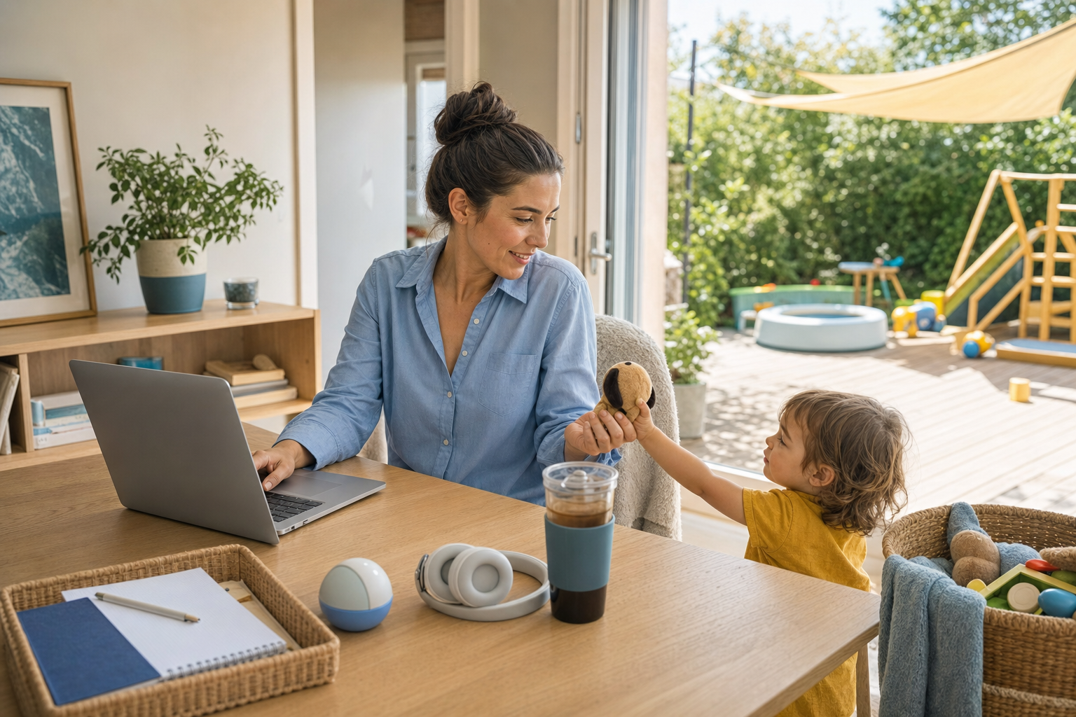 A mother pauses her laptop work to accept a toy from a toddler beside an organized desk with headphones, a timer and a basket of quiet toys.