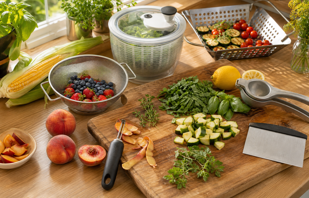 Simple kitchen tools are arranged with corn, peaches, lemons, berries, greens, and vegetables on a sunlit summer kitchen counter.