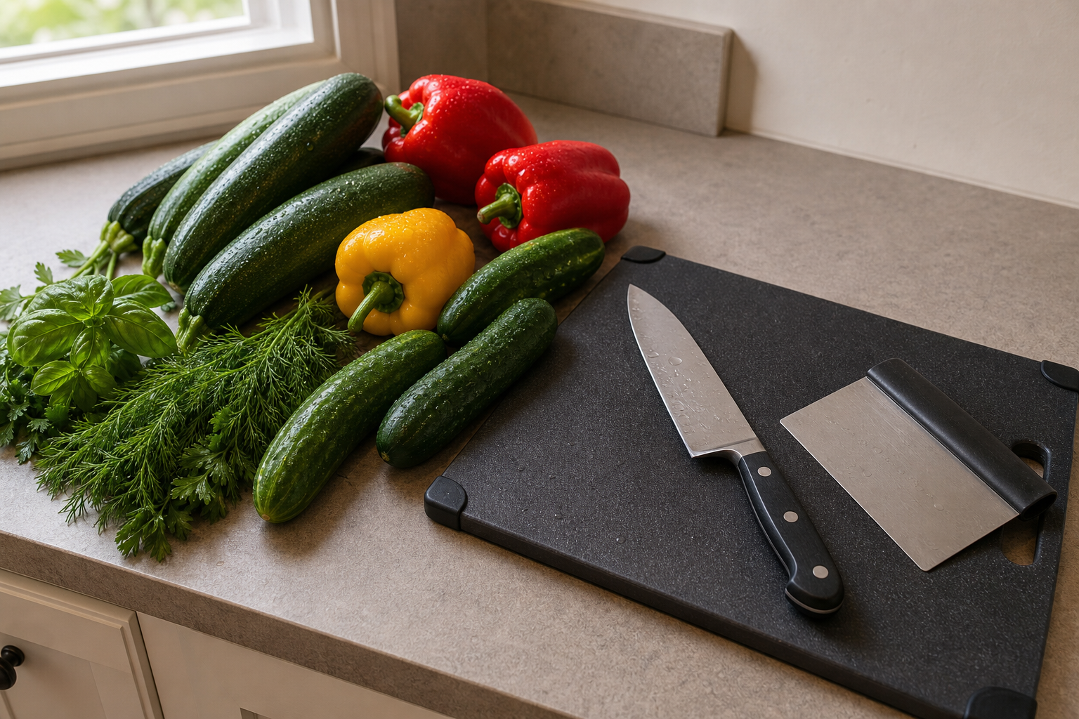 Summer vegetables wait beside a stable cutting board, kitchen knife, and bench scraper on a compact counter.