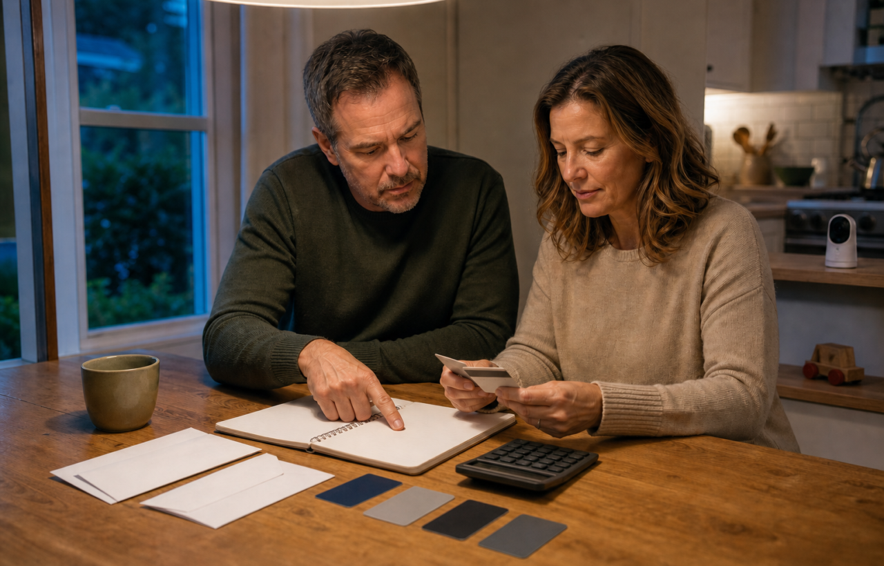 A middle-aged couple reviews unbranded credit cards and household paperwork at a kitchen table beside a baby monitor and a child's toy.