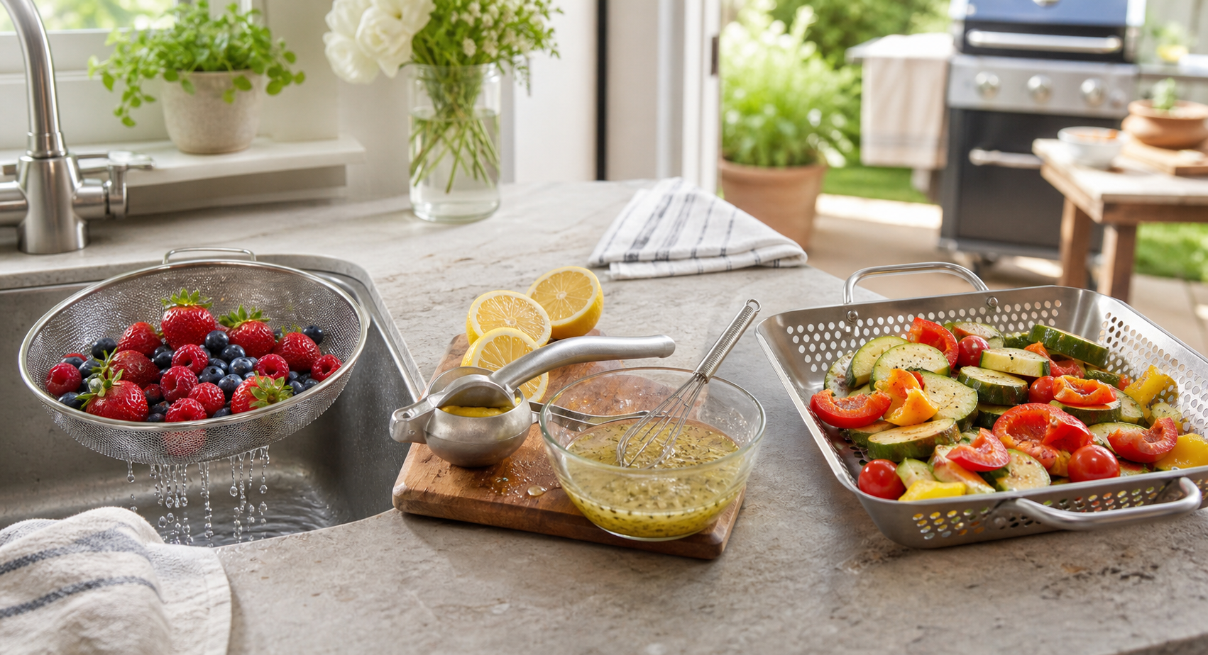 A berry colander, citrus press, and vegetable grill basket are set up for three different summer cooking tasks.