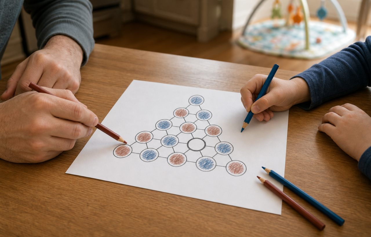 An adult and an older child play a circle-grid pencil-and-paper game together at a kitchen table.
