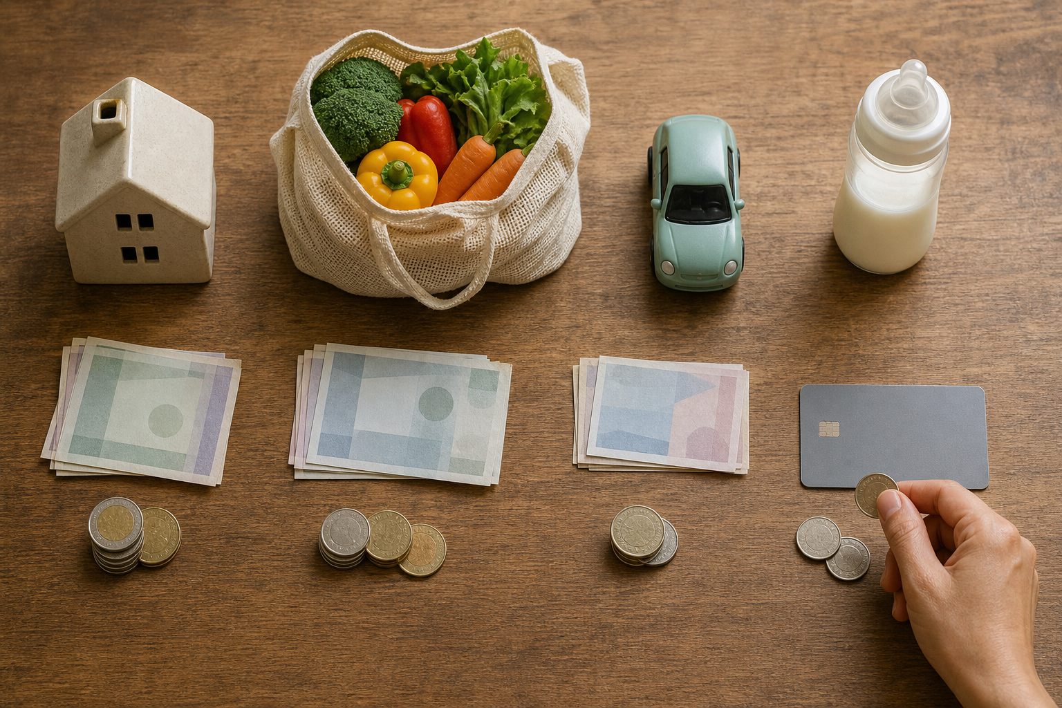An adult hand moves leftover coins toward an unbranded credit card after setting aside money beside symbols for housing, food, transportation, and childcare.