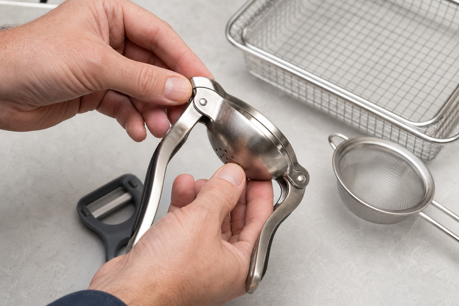 An adult inspects the hinge and handles of a metal citrus press beside other simple kitchen tools.