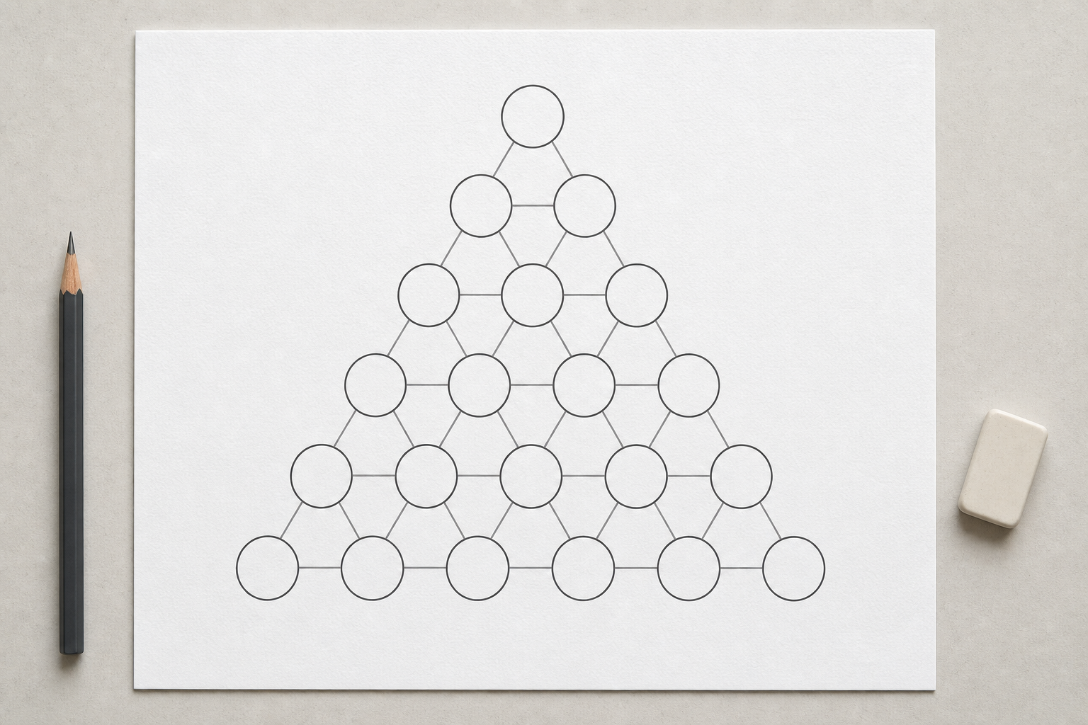 A sheet of paper shows twenty-one empty circles in a triangular connected grid, with a pencil and eraser beside it.
