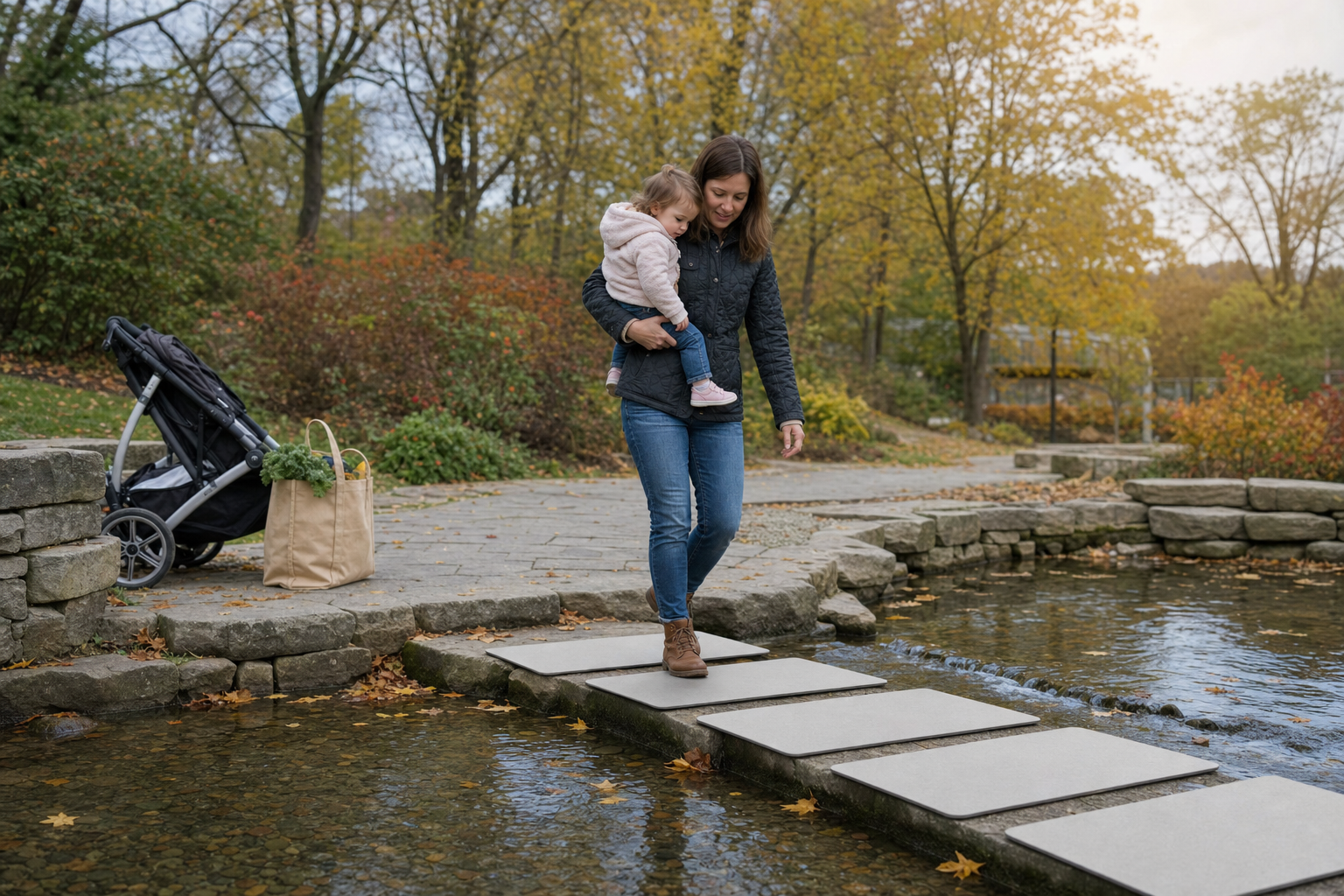 A middle-aged parent carrying a small child crosses a shallow stream on blank card-shaped stepping stones near a folded stroller and grocery tote.