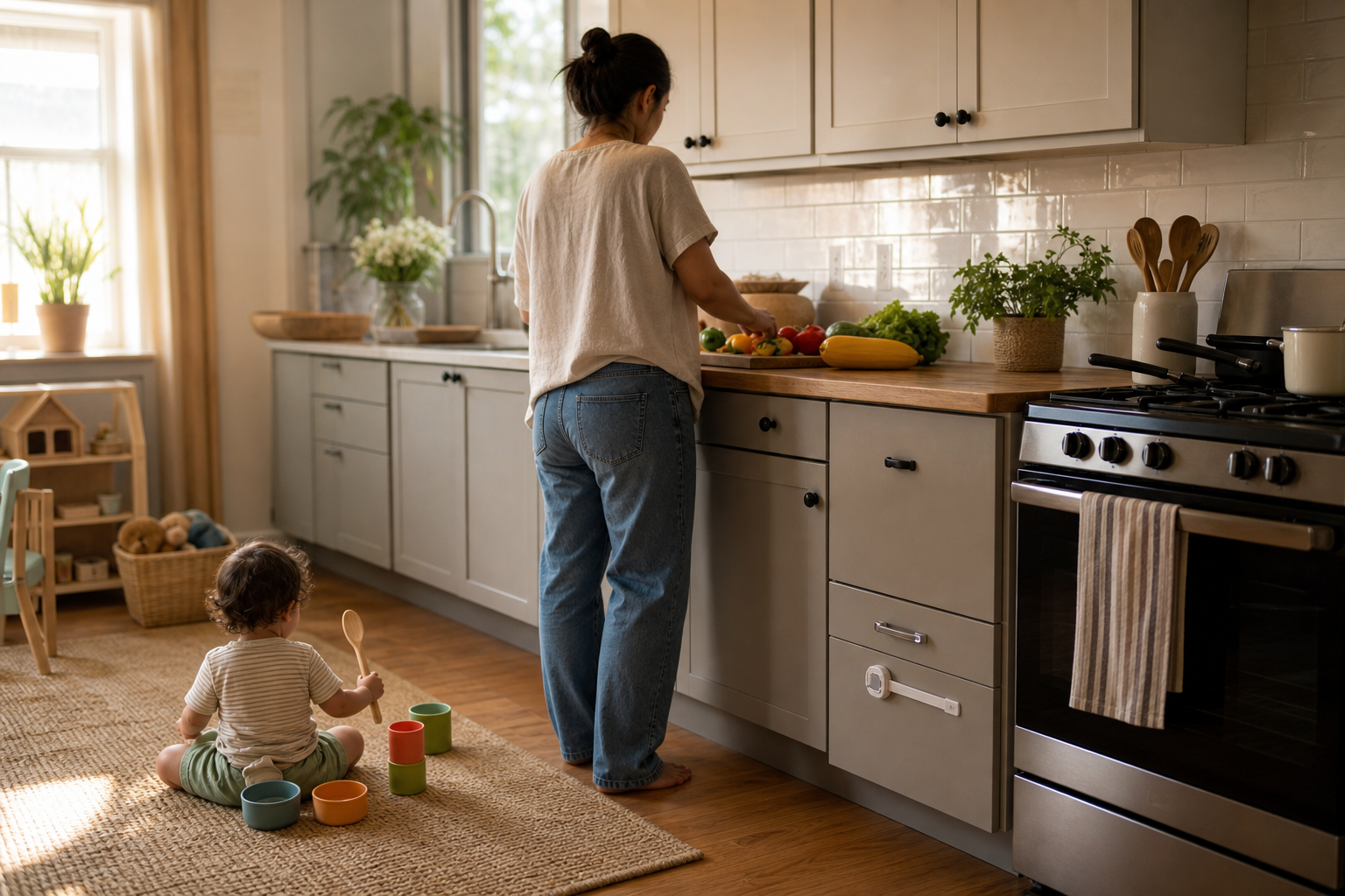 An adult prepares summer produce while a toddler plays in a separate area and kitchen tools are secured out of reach.