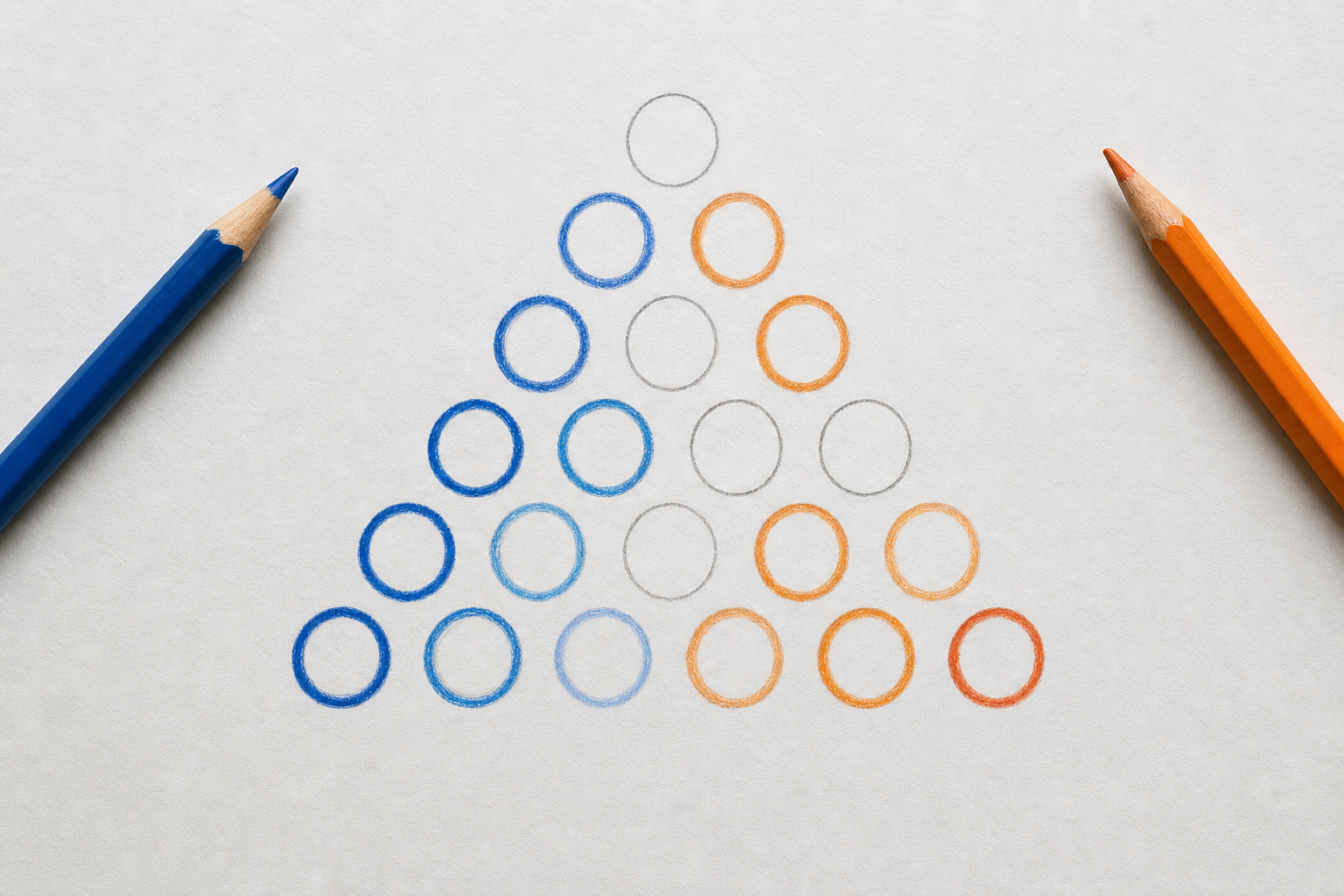 Blue and orange pencil marks alternate across a triangular circle grid, with several spaces still empty.