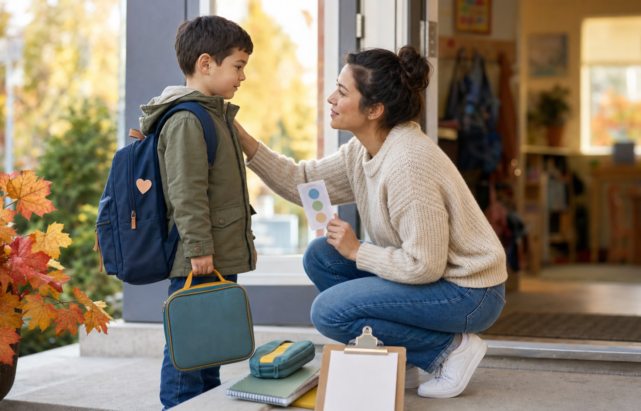 Parent kneeling beside a nervous child with a backpack before school