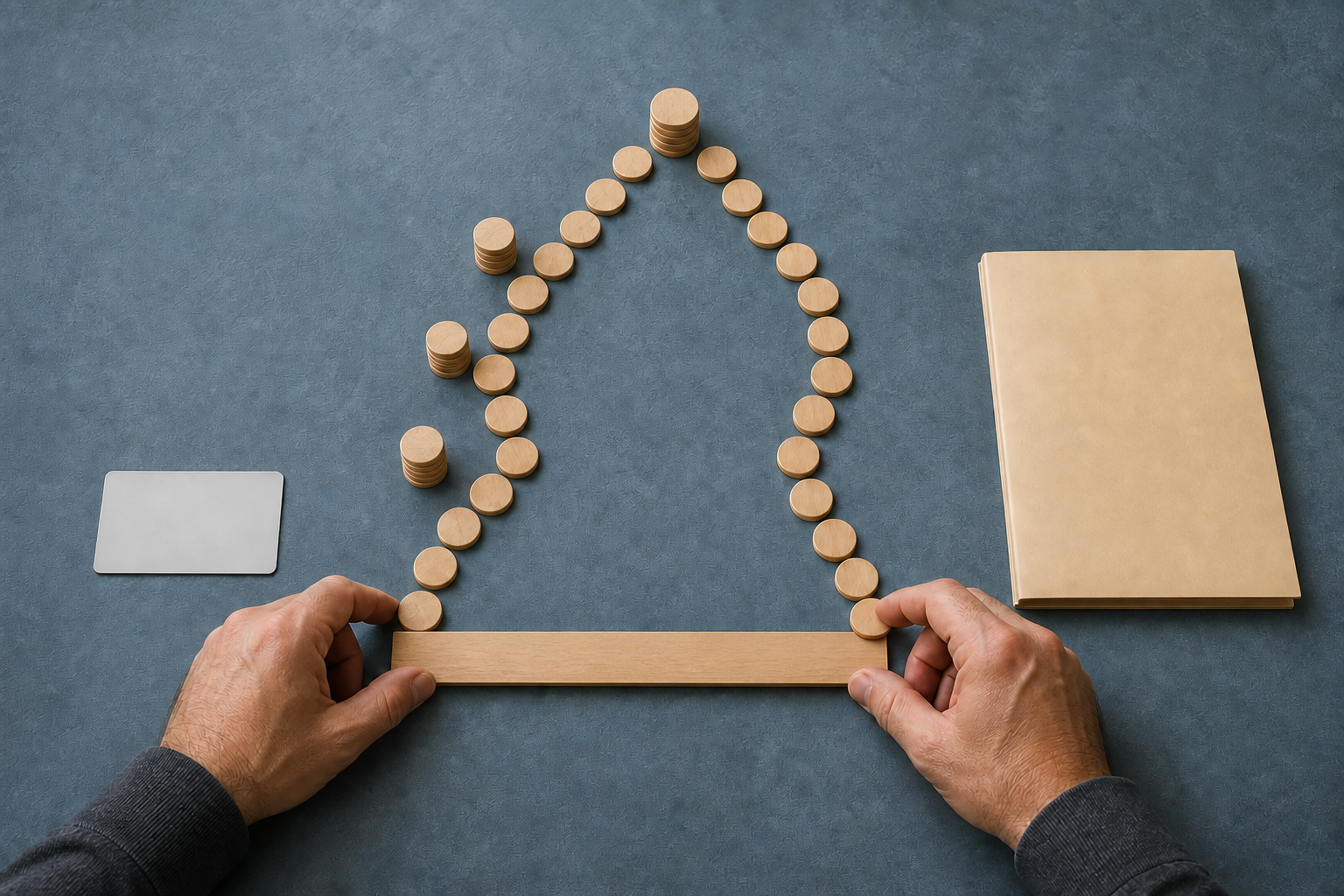 Adult hands compare two token paths beside a blank credit card and a plain loan folder, including extra piles placed along one route.