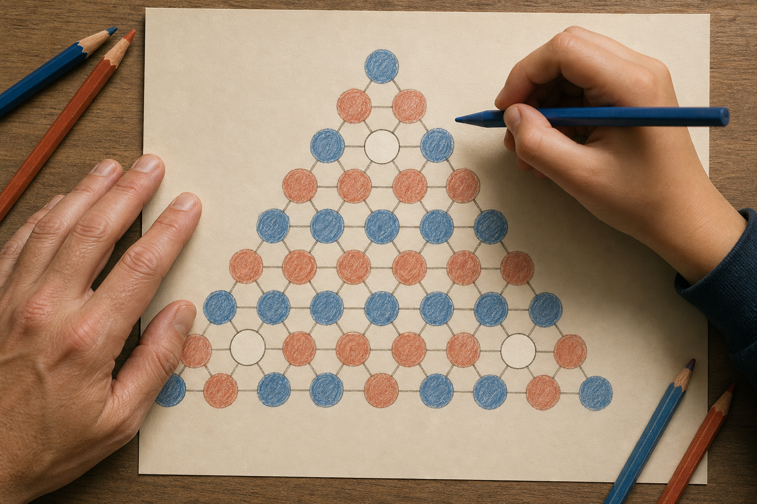 A child considers three remaining empty spaces on a nearly completed triangular circle grid while an adult waits nearby.