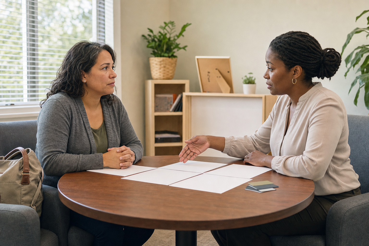 A middle-aged parent discusses blank financial papers with a counselor in a private office, with unbranded credit cards and a diaper bag nearby.