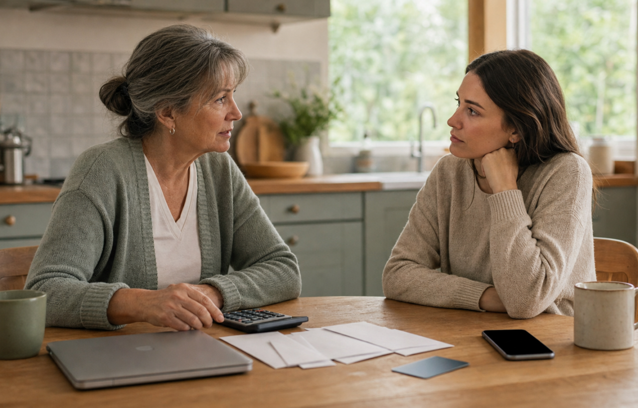 A parent and adult child having a serious financial conversation at a kitchen table with a calculator, envelopes, phone, and bank card between them.